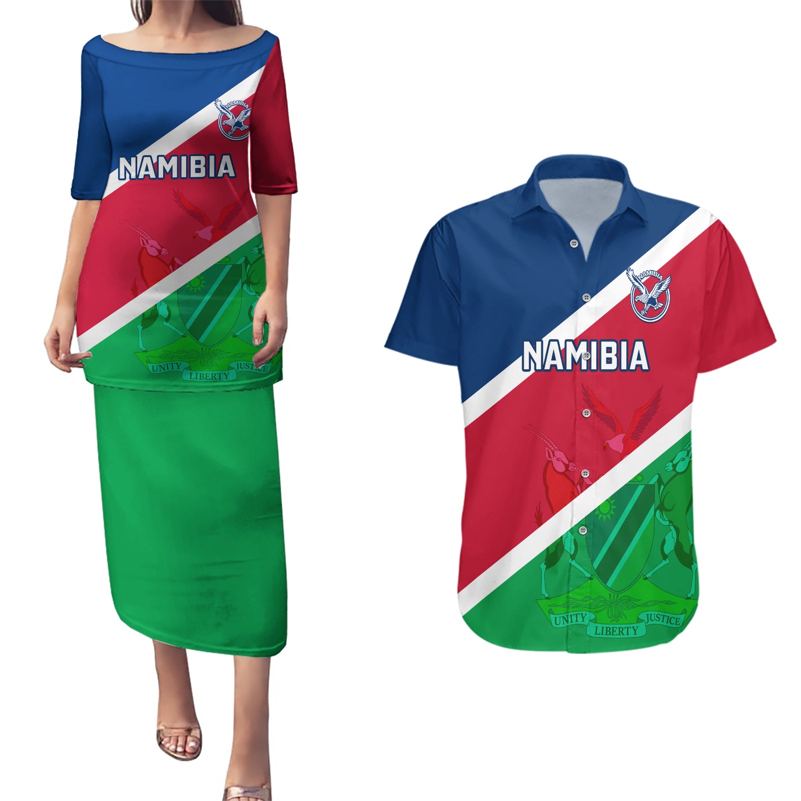 Namibia Rugby Couples Matching Puletasi Dress and Hawaiian Shirt 2023 Welwitschias Flag Style - Wonder Print Shop