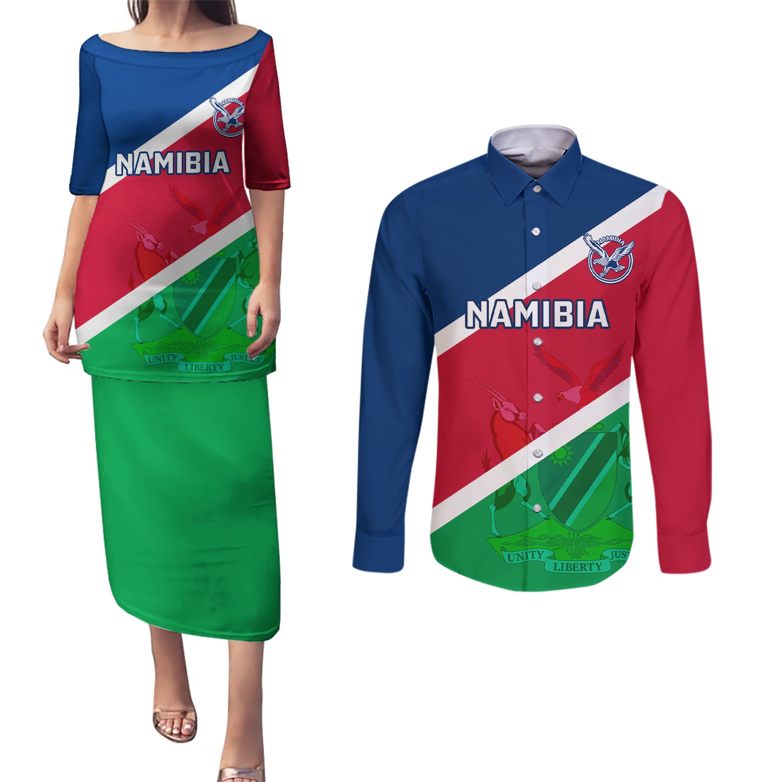 Namibia Rugby Couples Matching Puletasi Dress and Long Sleeve Button Shirts 2023 Welwitschias Flag Style - Wonder Print Shop