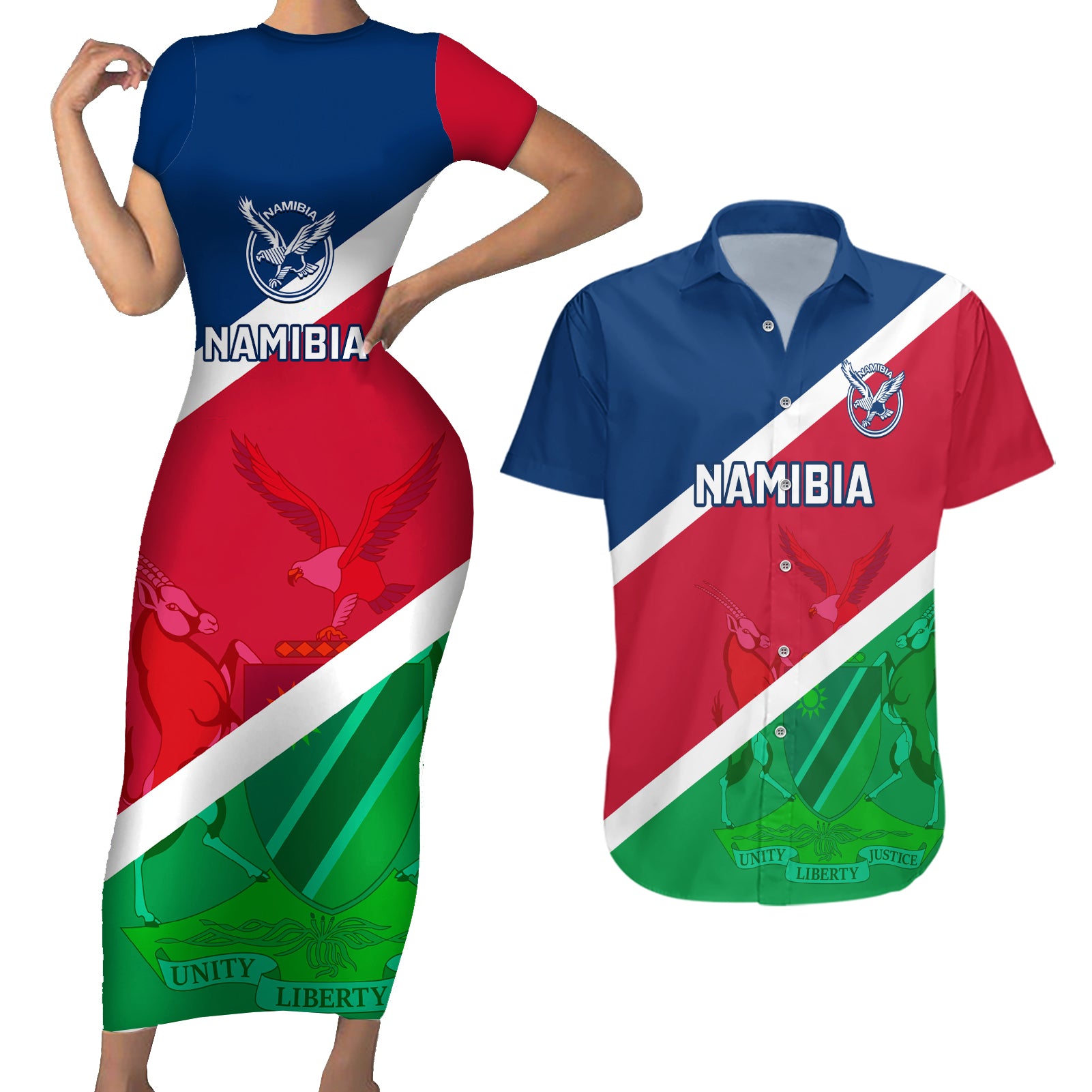 Namibia Rugby Couples Matching Short Sleeve Bodycon Dress and Hawaiian Shirt 2023 Welwitschias Flag Style - Wonder Print Shop