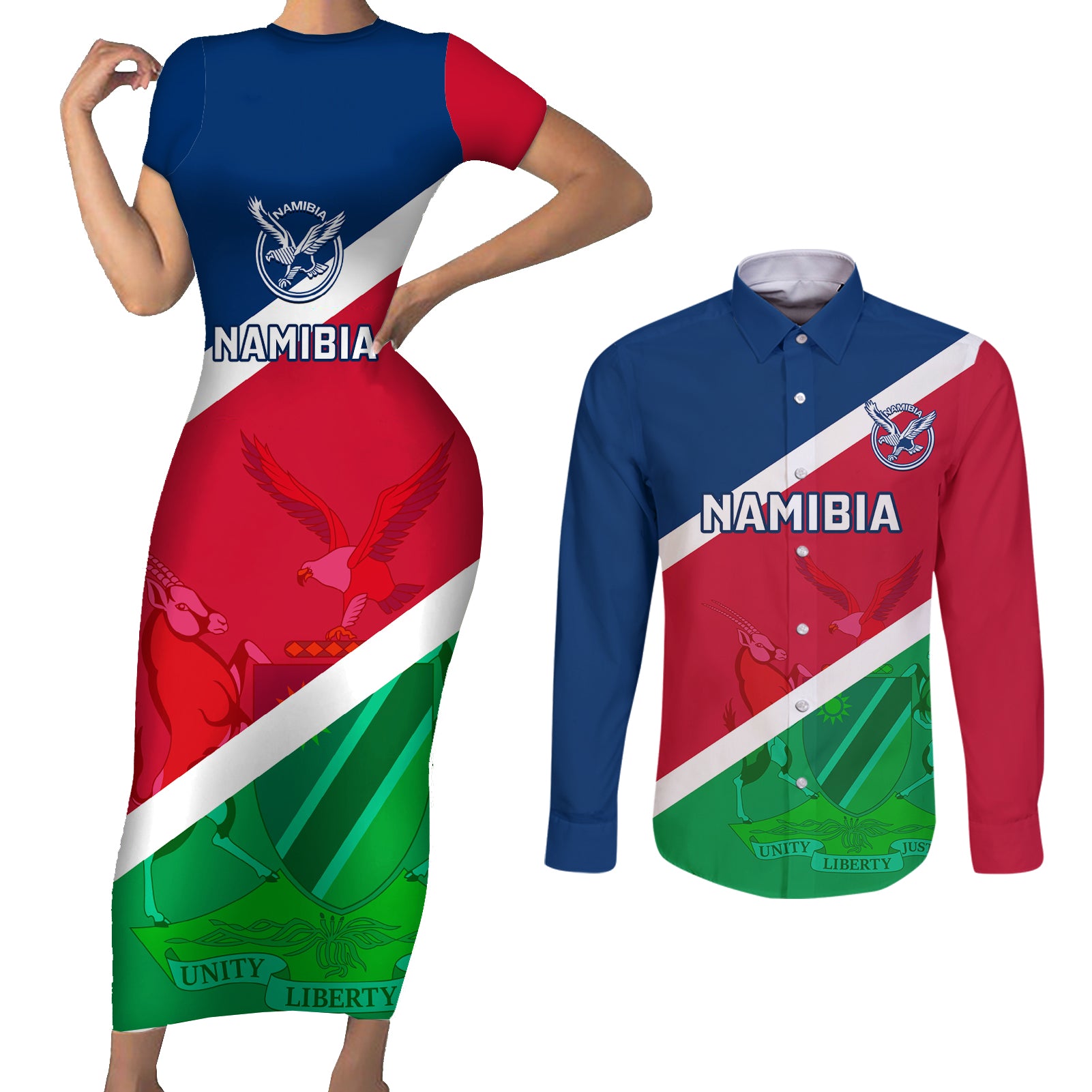 Namibia Rugby Couples Matching Short Sleeve Bodycon Dress and Long Sleeve Button Shirts 2023 Welwitschias Flag Style - Wonder Print Shop