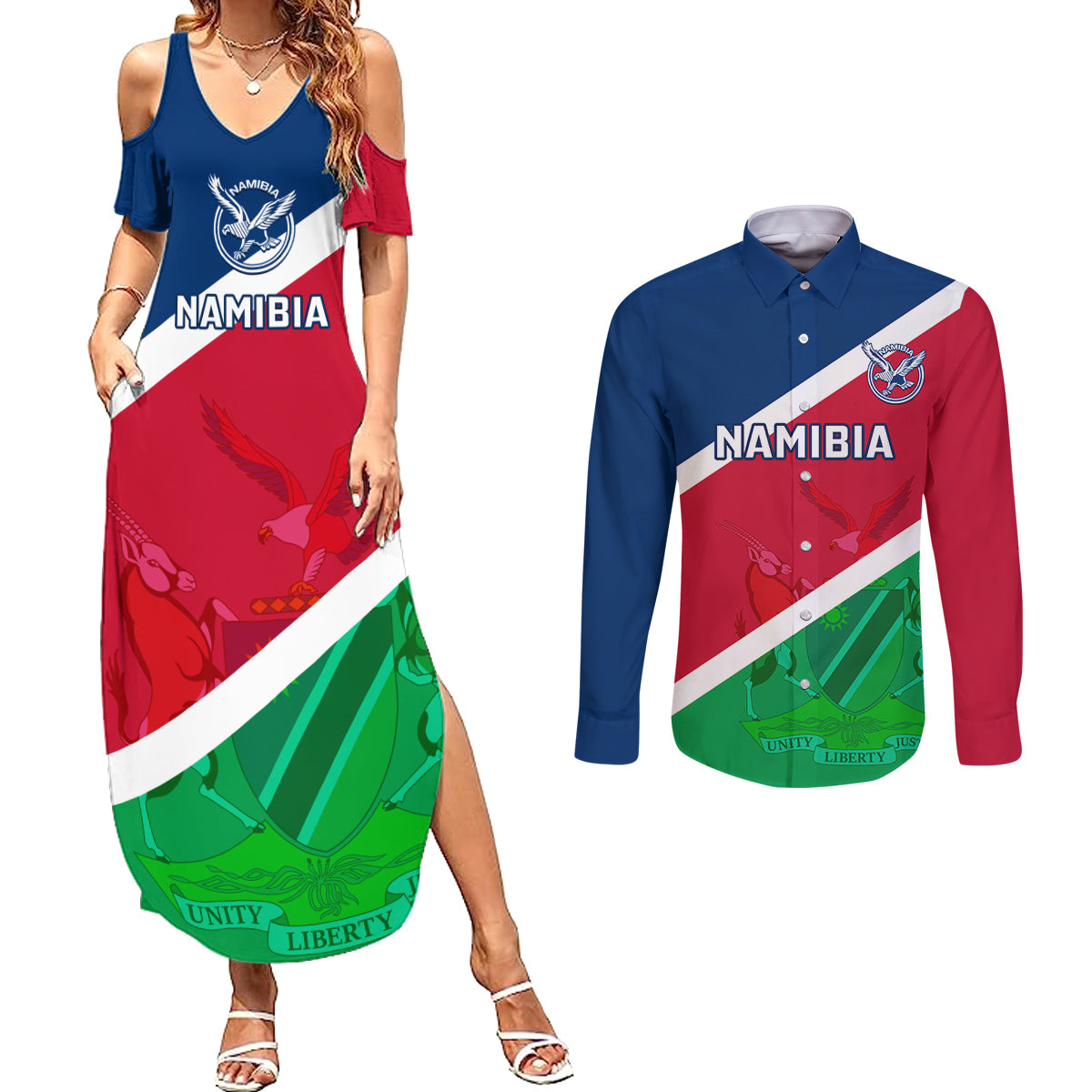 Namibia Rugby Couples Matching Summer Maxi Dress and Long Sleeve Button Shirts 2023 Welwitschias Flag Style - Wonder Print Shop