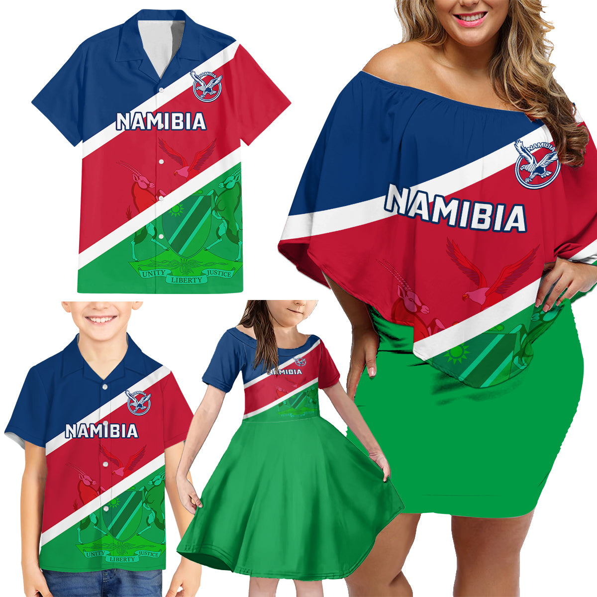 Namibia Rugby Family Matching Off Shoulder Short Dress and Hawaiian Shirt 2023 Welwitschias Flag Style - Wonder Print Shop