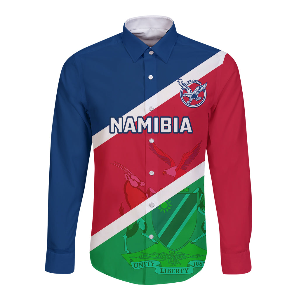 Blue, red and green rugby long sleeve button shirt with Namibia crest and flag print