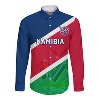 Blue, red and green rugby long sleeve button shirt with Namibia crest and flag print