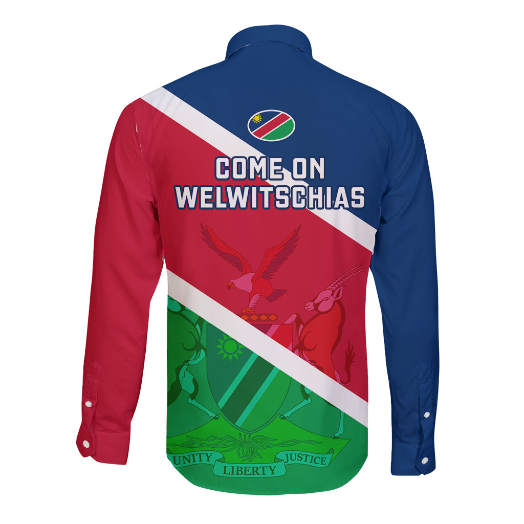Back of blue rugby long sleeve button shirt with Welwitschias lettering and flag print