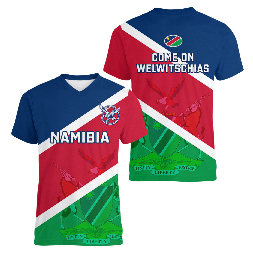 Namibia Rugby Women V Neck T Shirt 2023 Go Welwitschias World Cup Flag Style LT14