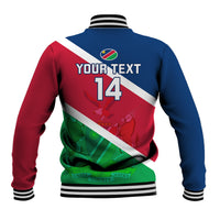 Back varsity jacket in Namibia flag colors with number 14 and striped rib trim