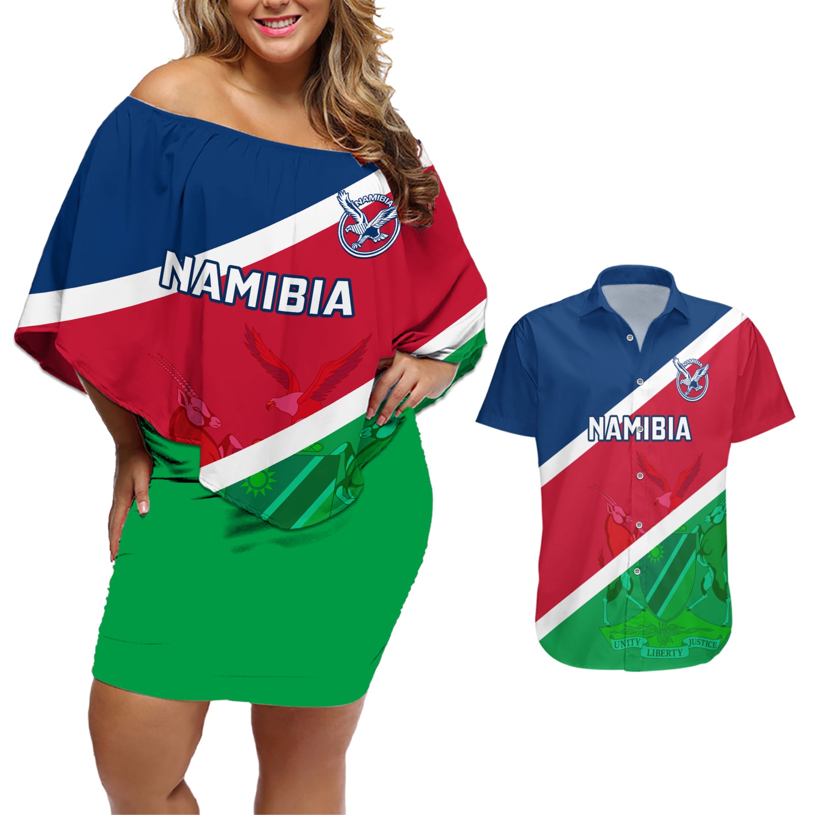 Custom Namibia Rugby Couples Matching Off Shoulder Short Dress and Hawaiian Shirt 2023 Welwitschias Flag Style - Wonder Print Shop