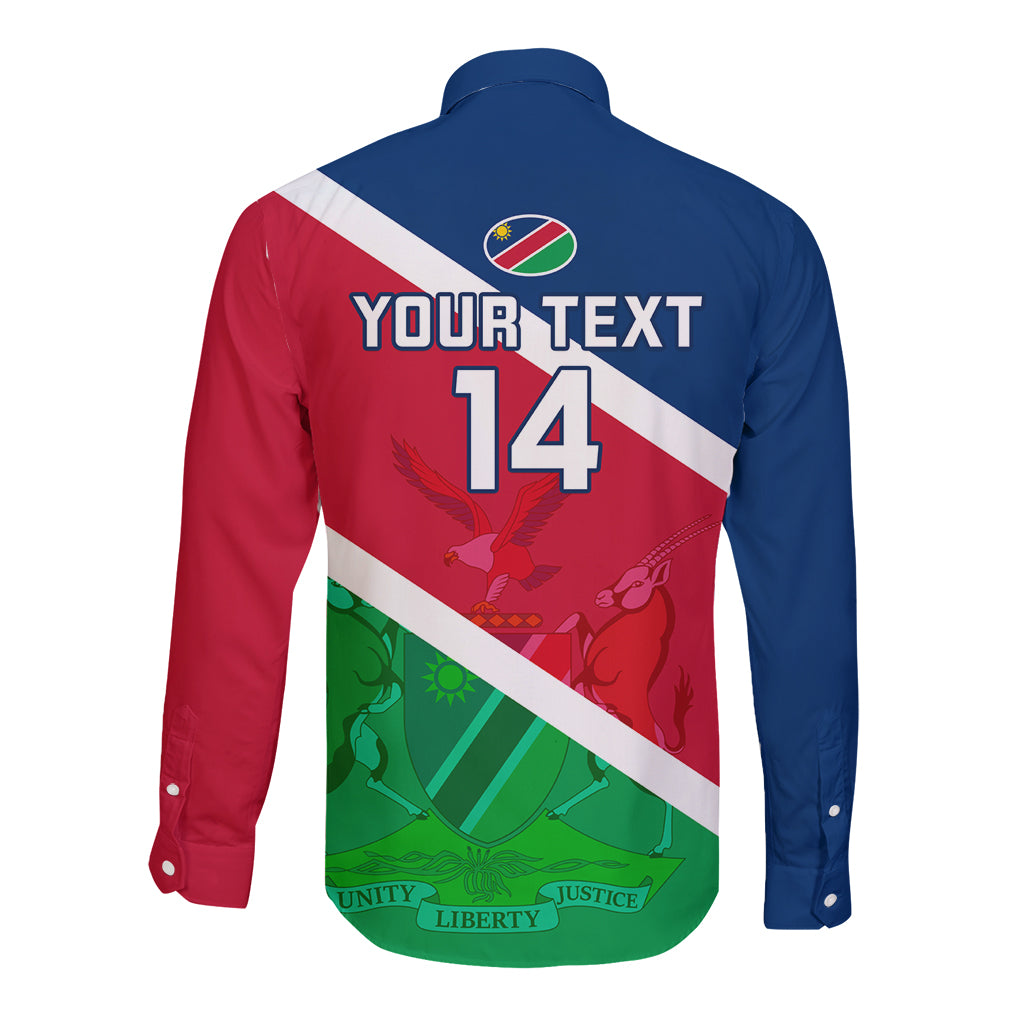 Rugby long sleeve button shirt, back print 'YOUR TEXT' 14 on flag stripes