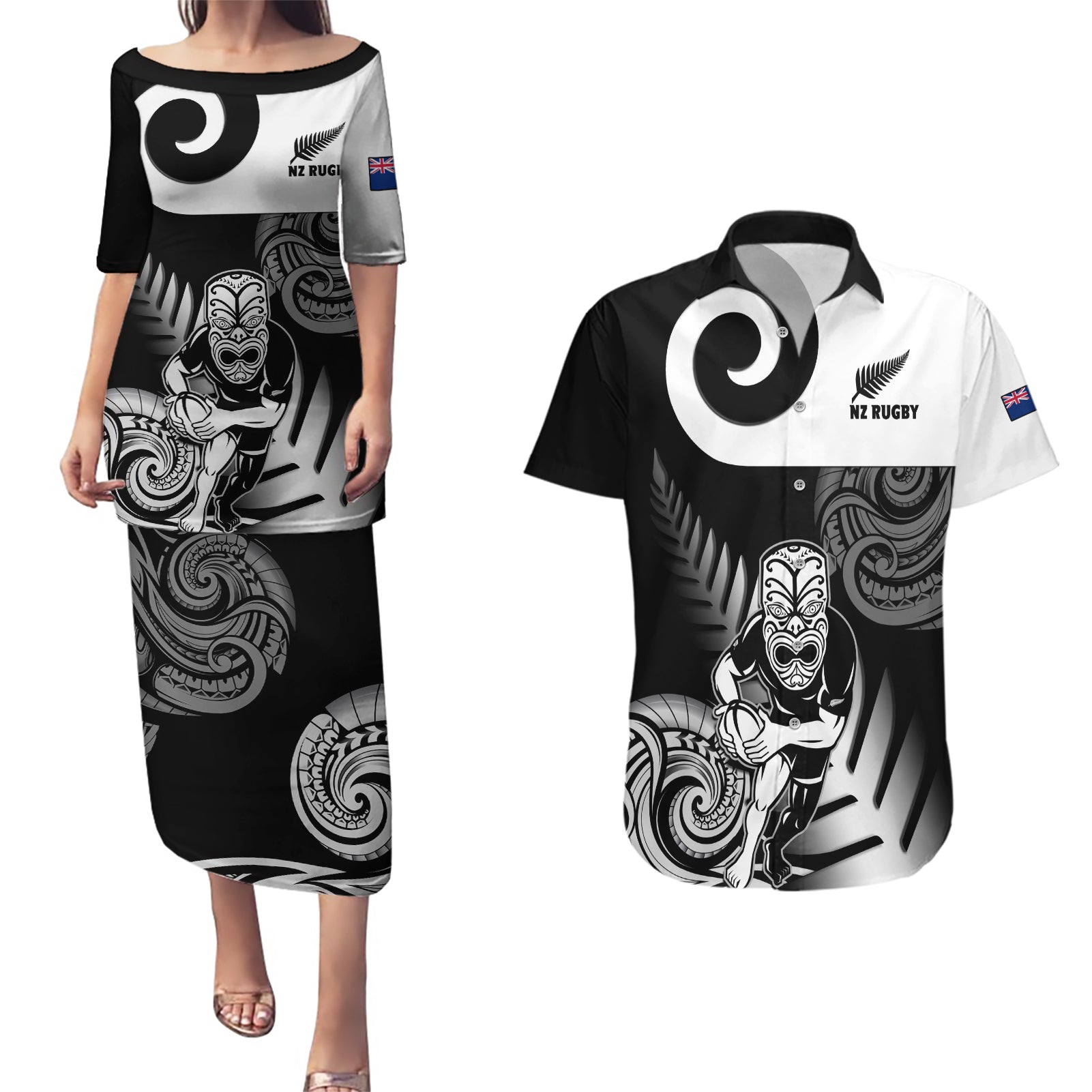 New Zealand Silver Fern Rugby Couples Matching Puletasi Dress and Hawaiian Shirt Go Champions NZ All Black Maori Koru - Wonder Print Shop