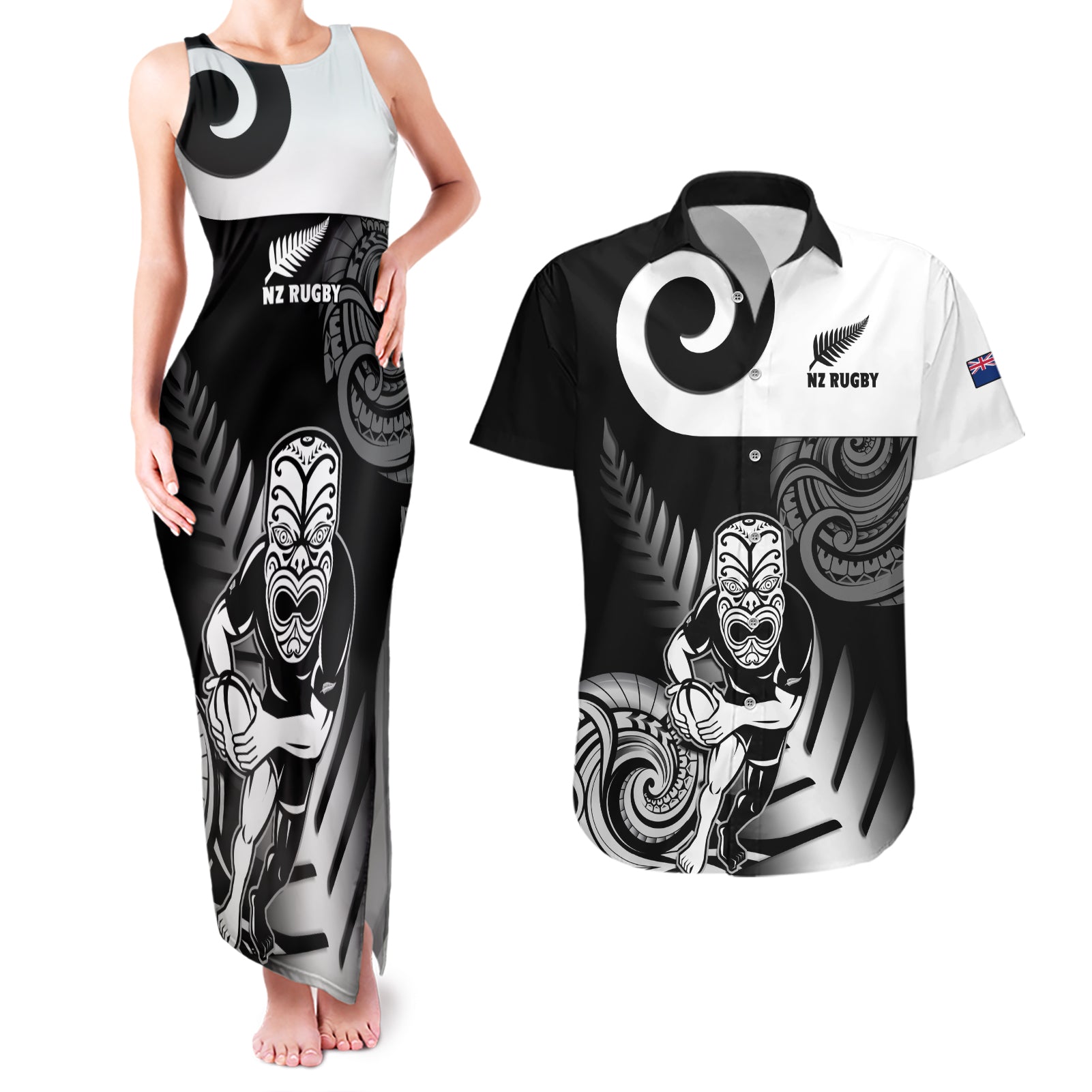 New Zealand Silver Fern Rugby Couples Matching Tank Maxi Dress and Hawaiian Shirt Go Champions NZ All Black Maori Koru - Wonder Print Shop