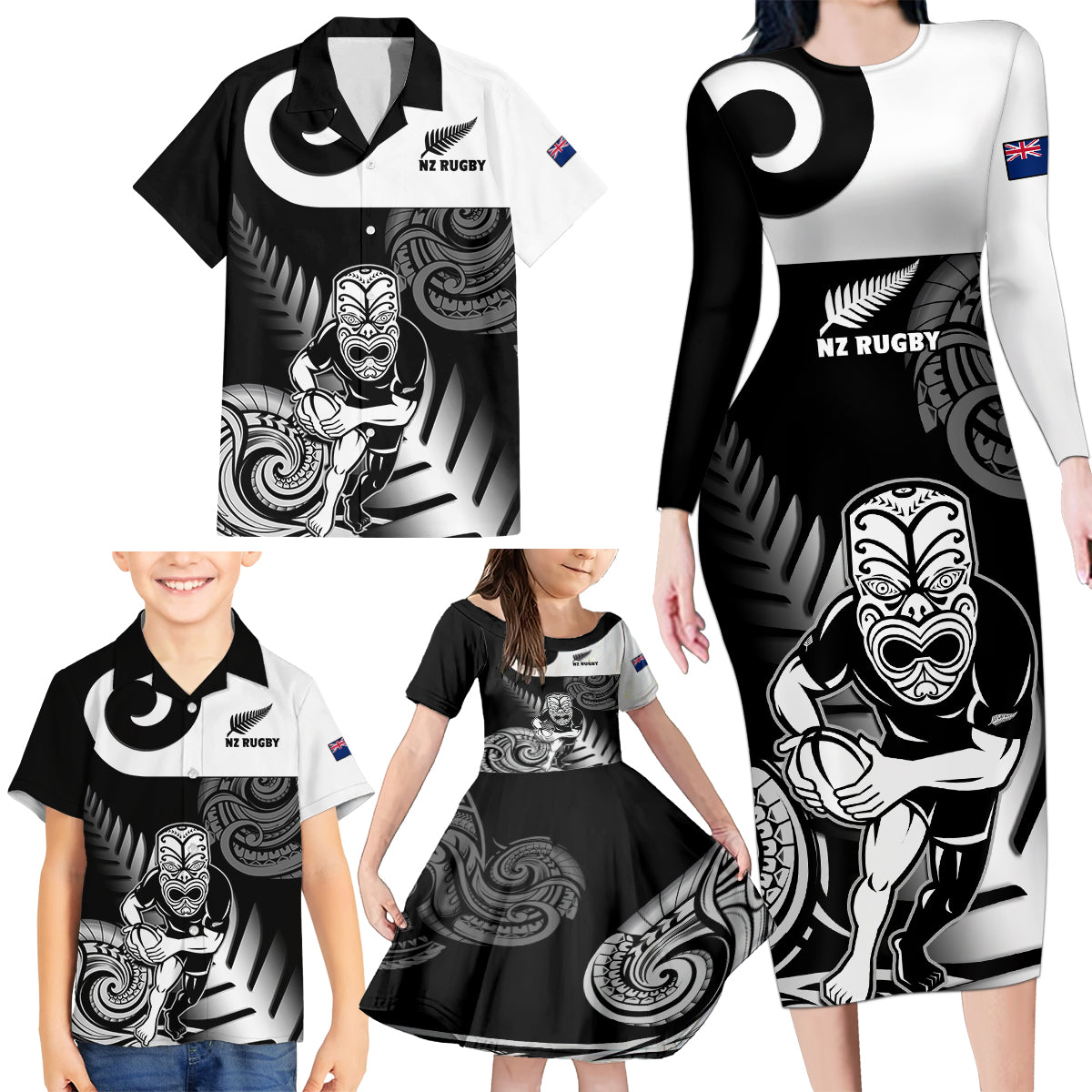 New Zealand Silver Fern Rugby Family Matching Long Sleeve Bodycon Dress and Hawaiian Shirt Go Champions NZ All Black Maori Koru - Wonder Print Shop