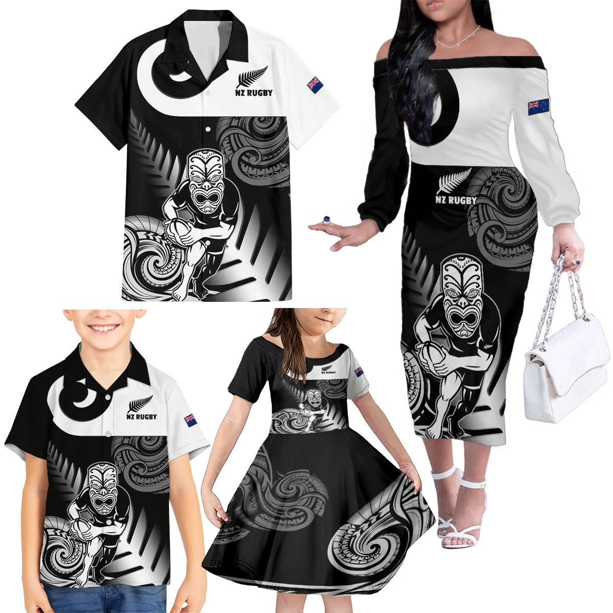 New Zealand Silver Fern Rugby Family Matching Off Shoulder Long Sleeve Dress and Hawaiian Shirt Go Champions NZ All Black Maori Koru - Wonder Print Shop