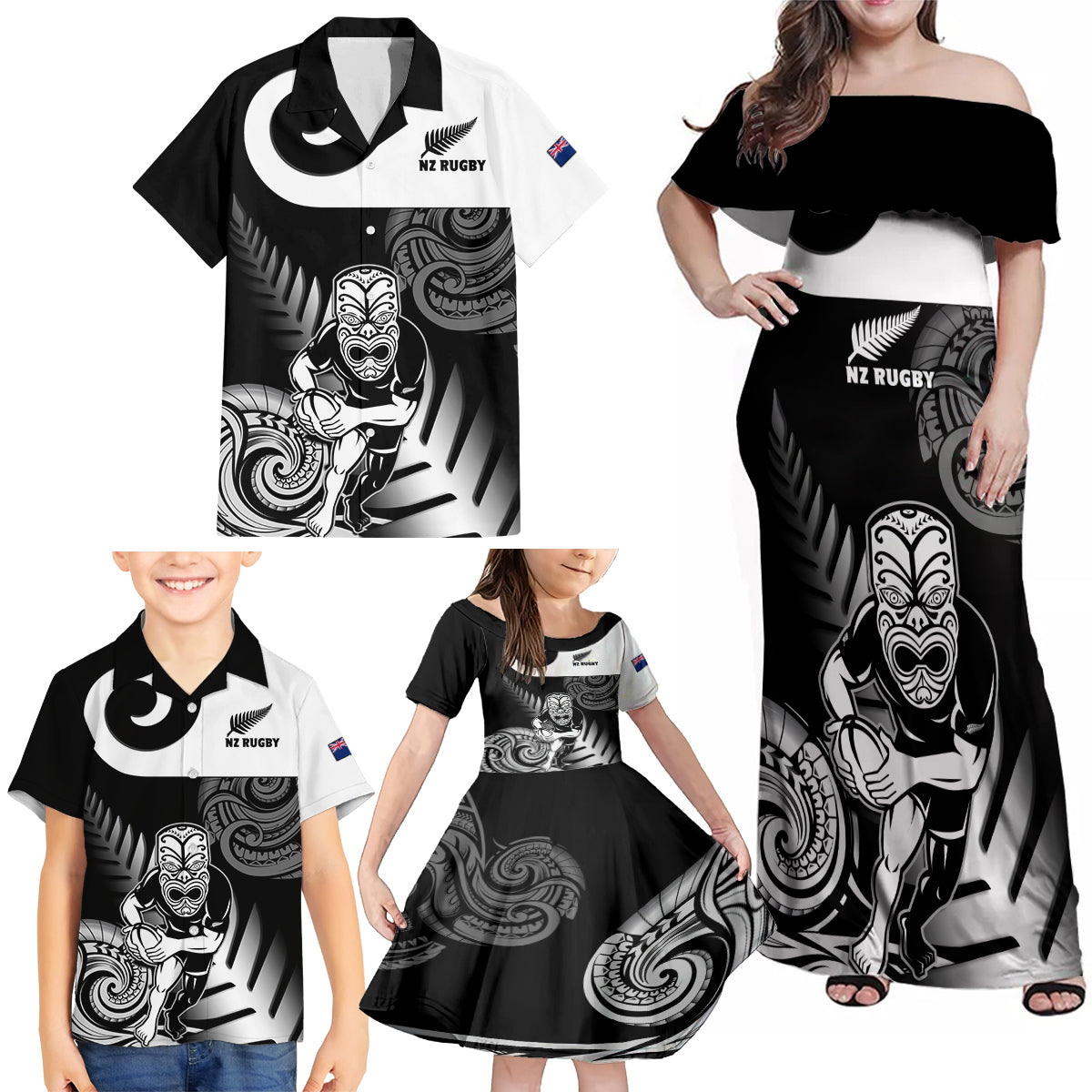 New Zealand Silver Fern Rugby Family Matching Off Shoulder Maxi Dress and Hawaiian Shirt Go Champions NZ All Black Maori Koru - Wonder Print Shop