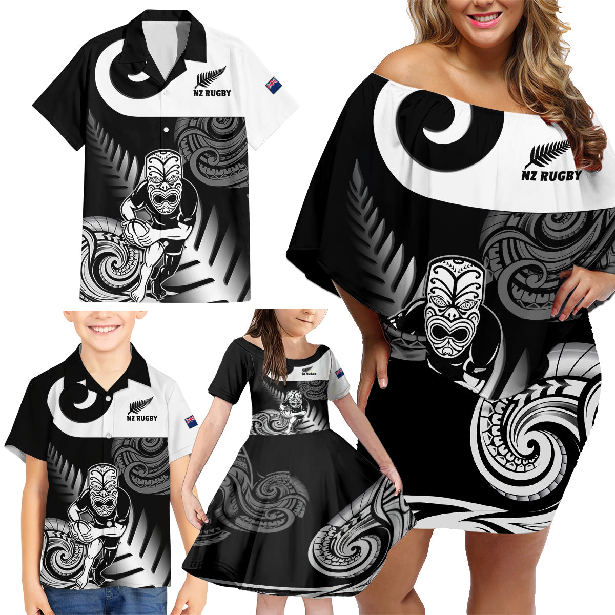 New Zealand Silver Fern Rugby Family Matching Off Shoulder Short Dress and Hawaiian Shirt Go Champions NZ All Black Maori Koru - Wonder Print Shop