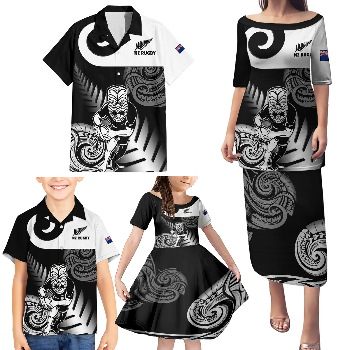 New Zealand Silver Fern Rugby Family Matching Puletasi Dress and Hawaiian Shirt Go Champions NZ All Black Maori Koru - Wonder Print Shop