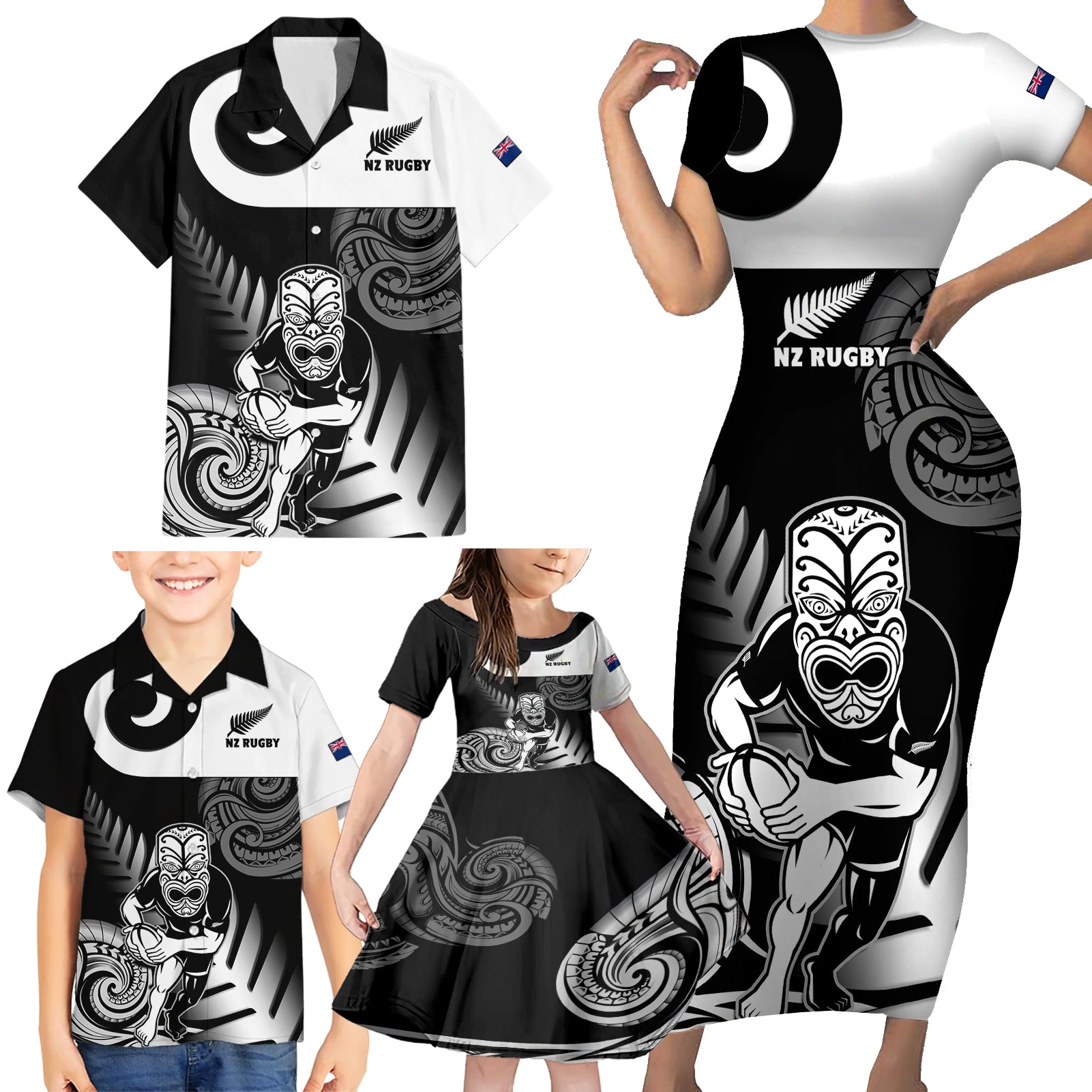 New Zealand Silver Fern Rugby Family Matching Short Sleeve Bodycon Dress and Hawaiian Shirt Go Champions NZ All Black Maori Koru - Wonder Print Shop