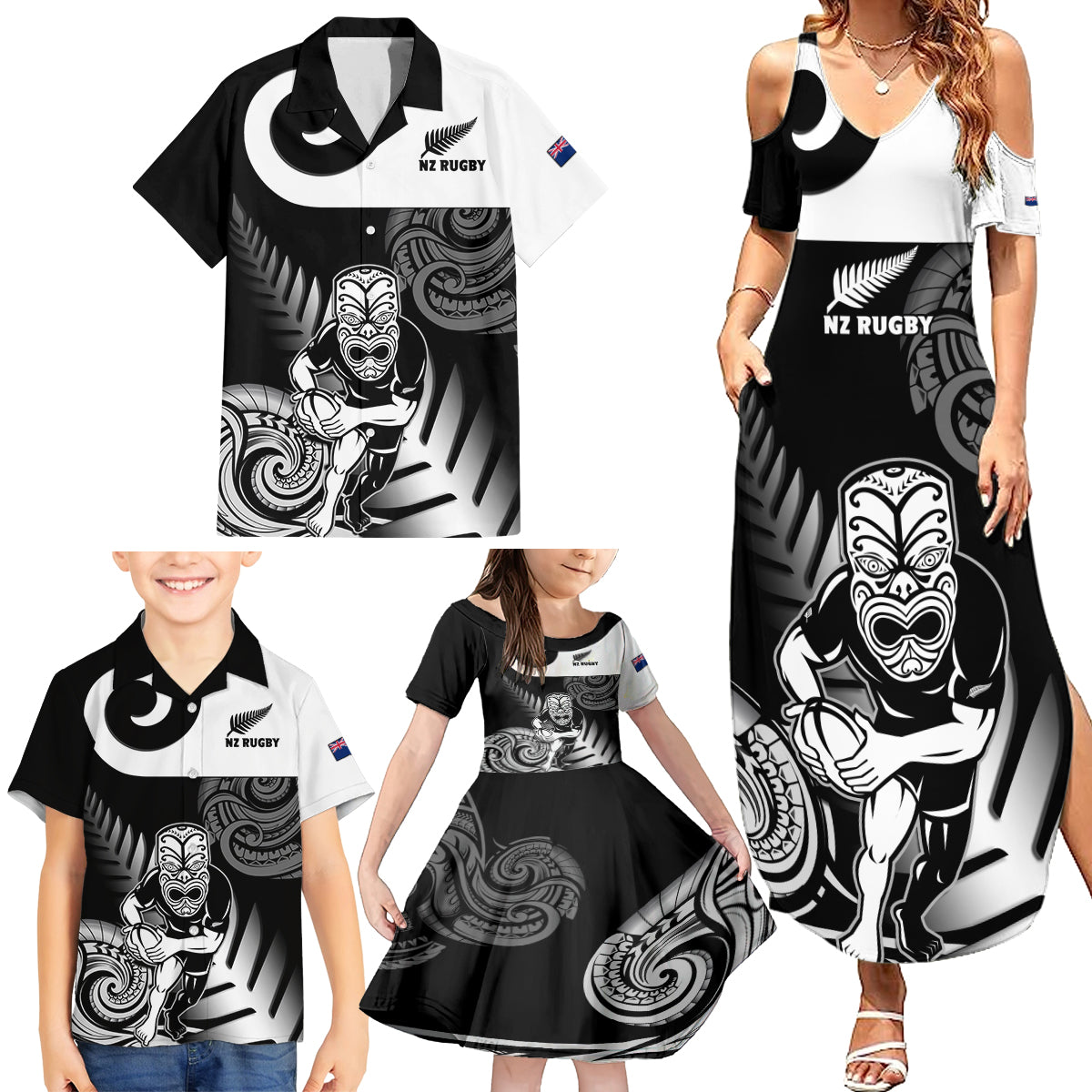 New Zealand Silver Fern Rugby Family Matching Summer Maxi Dress and Hawaiian Shirt Go Champions NZ All Black Maori Koru - Wonder Print Shop