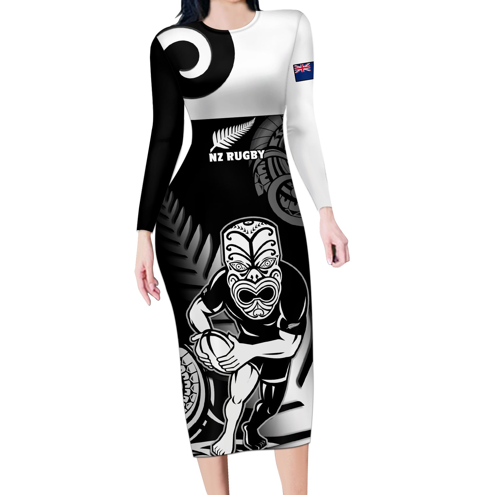 New Zealand Silver Fern Rugby Long Sleeve Bodycon Dress Go Champions NZ All Black Maori Koru - Wonder Print Shop