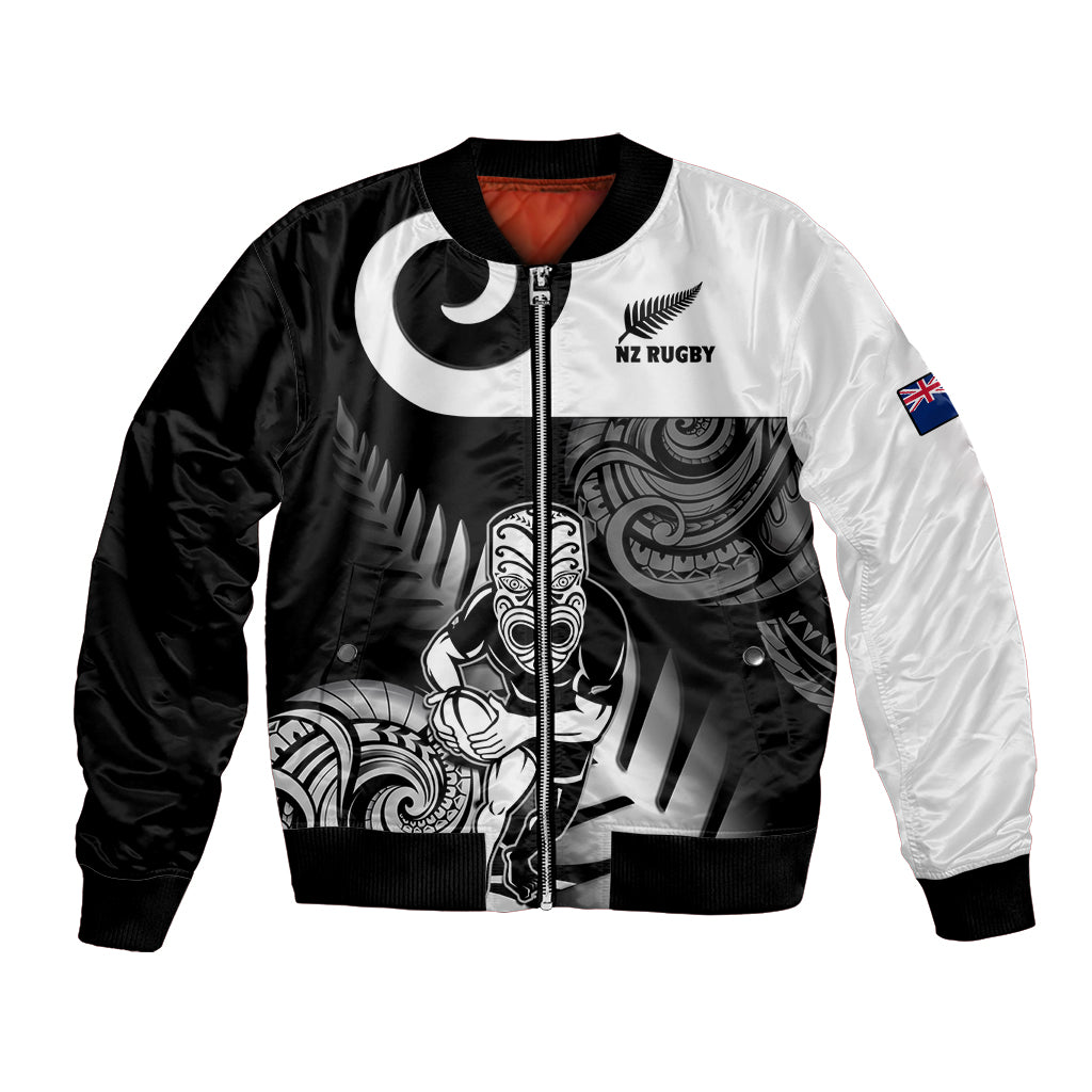 Black and white rugby bomber jacket with full-zip front and large tribal graphic
