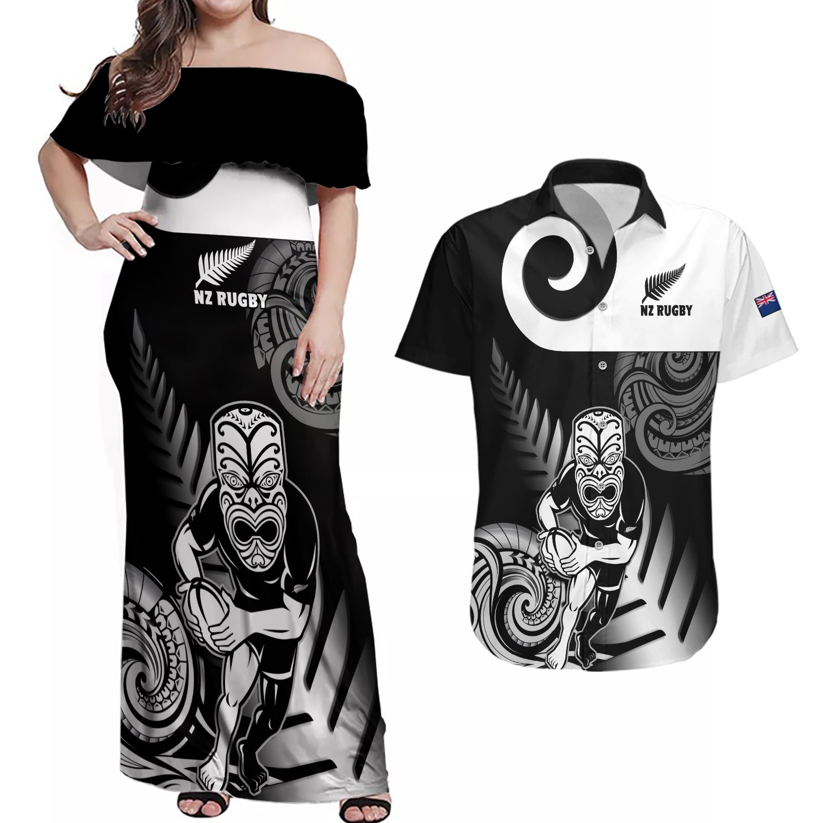 Custom New Zealand Silver Fern Rugby Couples Matching Off Shoulder Maxi Dress and Hawaiian Shirt Go Champions NZ All Black Maori Koru - Wonder Print Shop