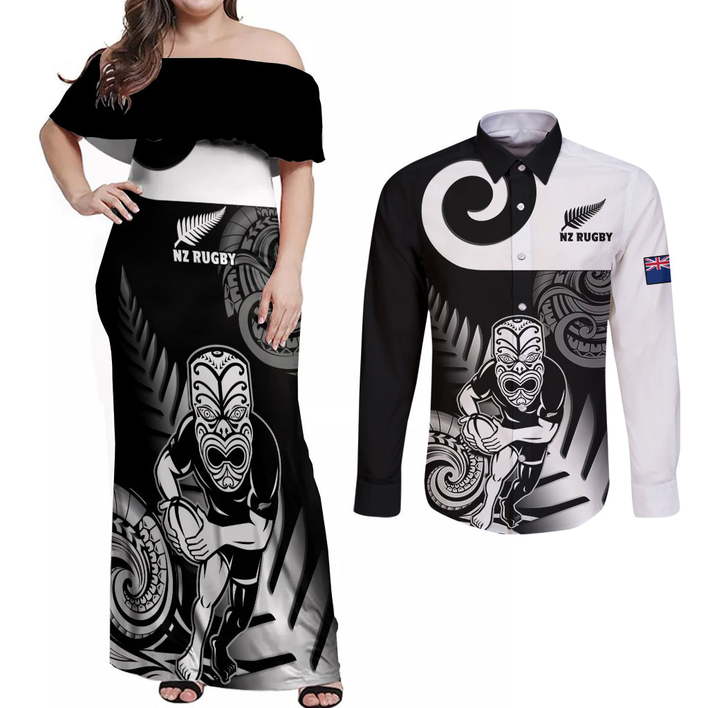 Custom New Zealand Silver Fern Rugby Couples Matching Off Shoulder Maxi Dress and Long Sleeve Button Shirts Go Champions NZ All Black Maori Koru - Wonder Print Shop