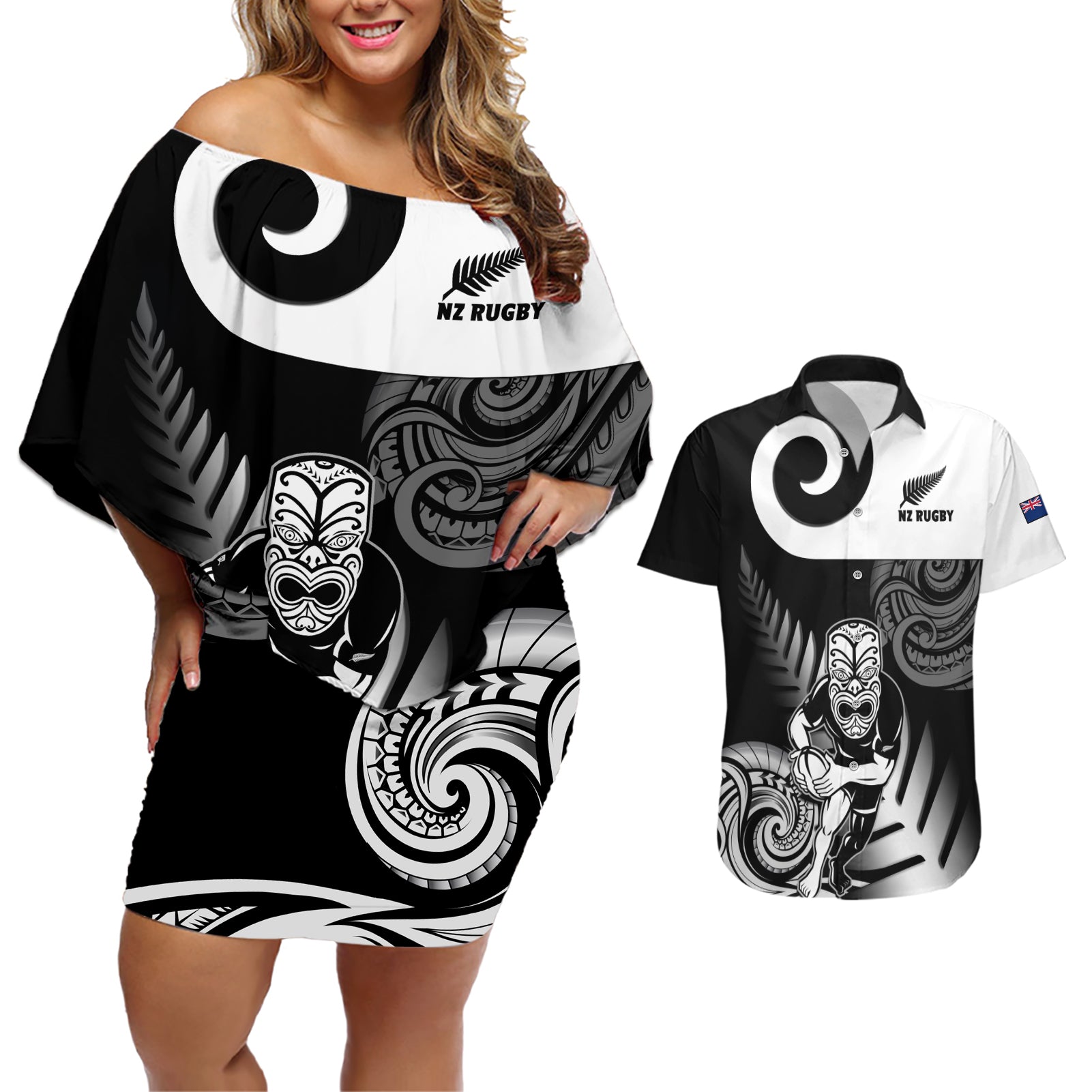 Custom New Zealand Silver Fern Rugby Couples Matching Off Shoulder Short Dress and Hawaiian Shirt Go Champions NZ All Black Maori Koru - Wonder Print Shop