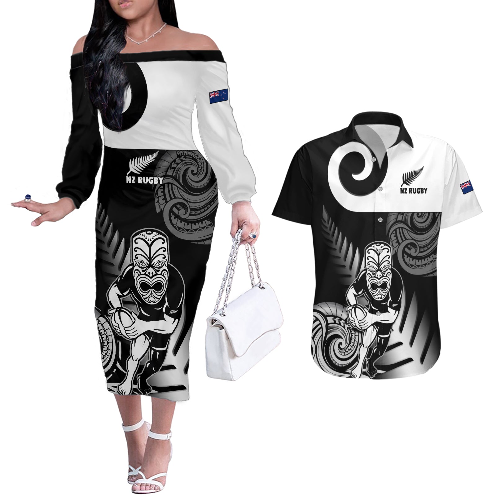 Custom New Zealand Silver Fern Rugby Couples Matching Off The Shoulder Long Sleeve Dress and Hawaiian Shirt Go Champions NZ All Black Maori Koru - Wonder Print Shop