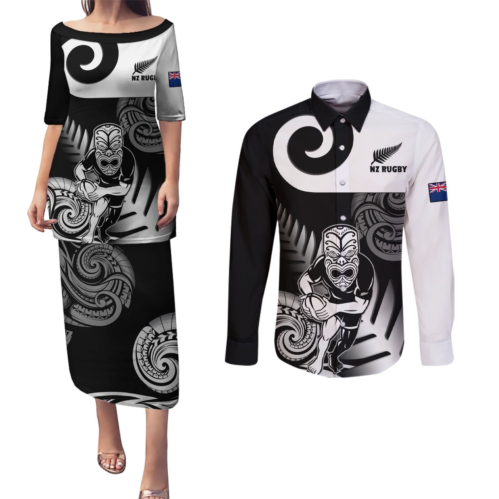 Custom New Zealand Silver Fern Rugby Couples Matching Puletasi Dress and Long Sleeve Button Shirts Go Champions NZ All Black Maori Koru - Wonder Print Shop