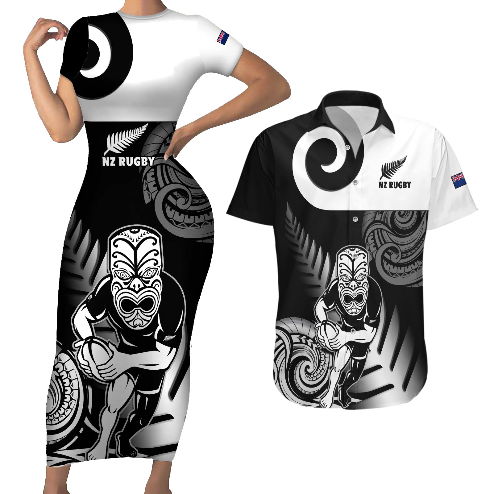 Custom New Zealand Silver Fern Rugby Couples Matching Short Sleeve Bodycon Dress and Hawaiian Shirt Go Champions NZ All Black Maori Koru - Wonder Print Shop