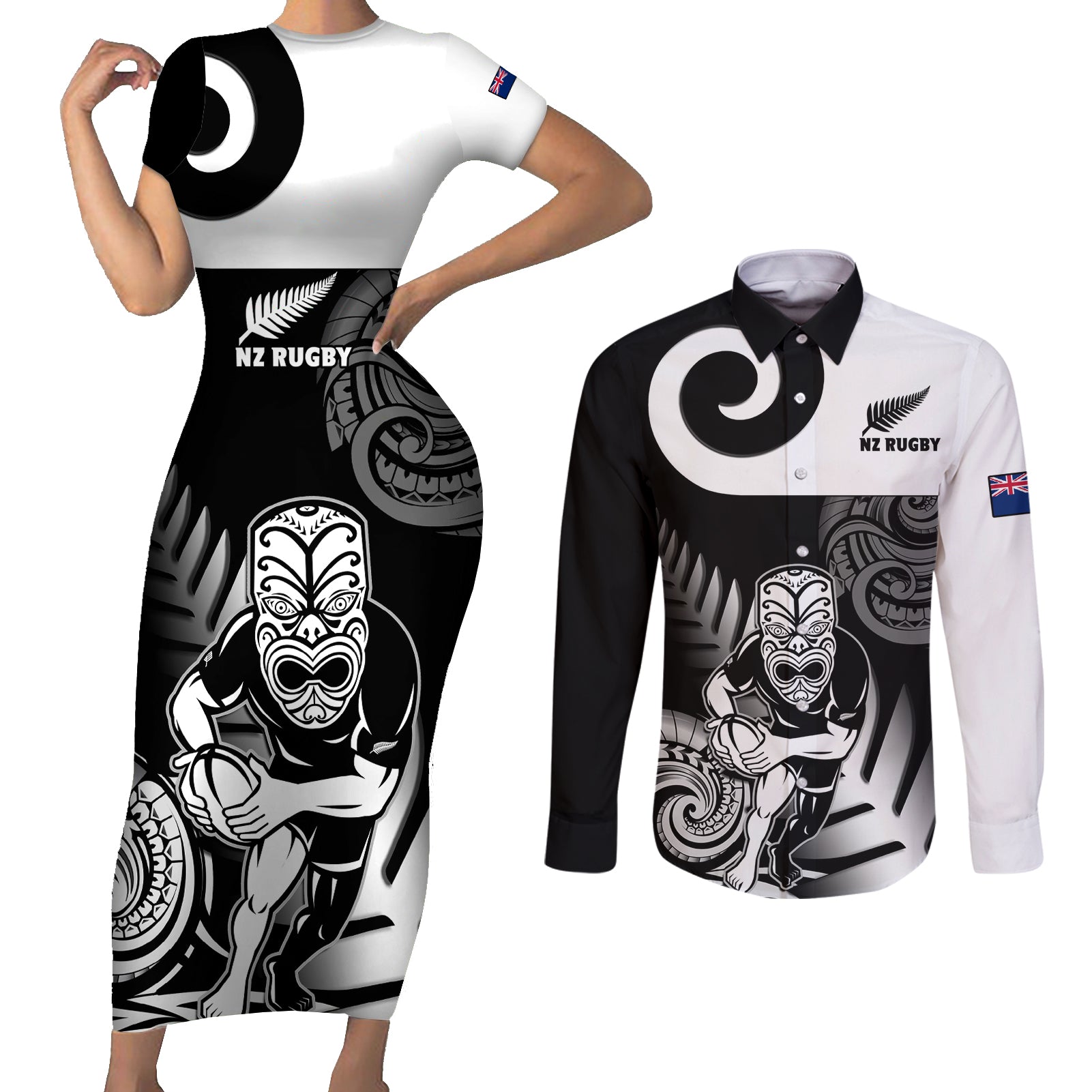 Custom New Zealand Silver Fern Rugby Couples Matching Short Sleeve Bodycon Dress and Long Sleeve Button Shirts Go Champions NZ All Black Maori Koru - Wonder Print Shop