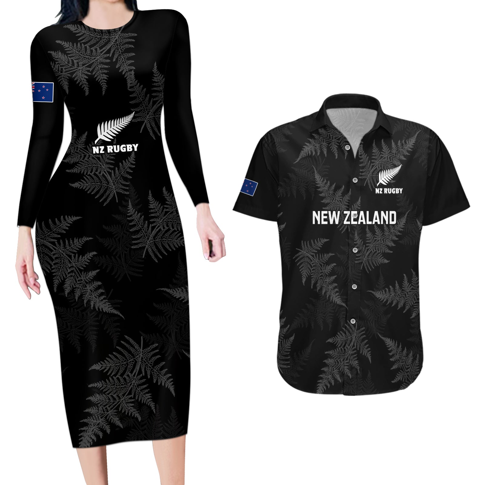 New Zealand Silver Fern Rugby Couples Matching Long Sleeve Bodycon Dress and Hawaiian Shirt 2023 Go Aotearoa Champions World Cup - Wonder Print Shop