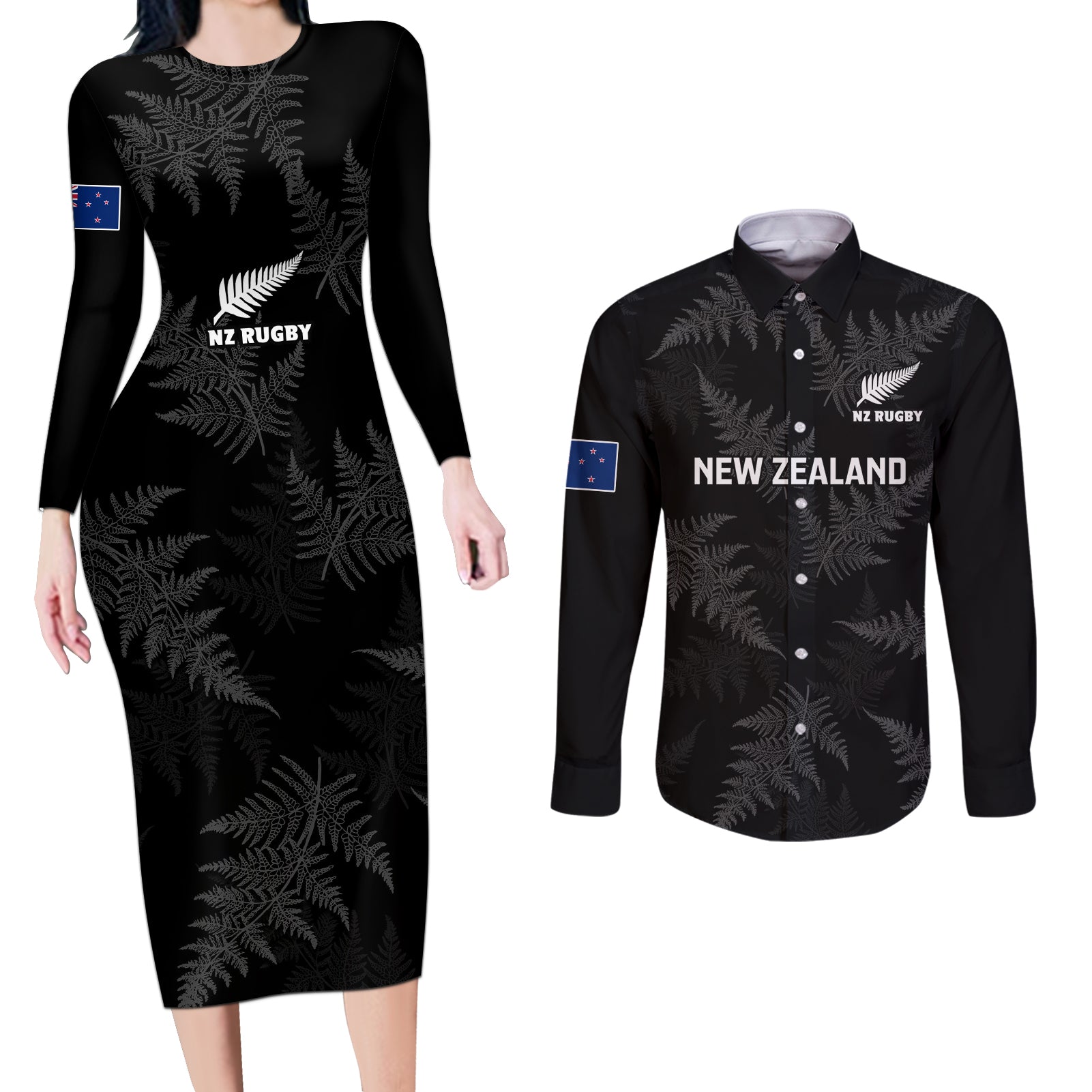 New Zealand Silver Fern Rugby Couples Matching Long Sleeve Bodycon Dress and Long Sleeve Button Shirts 2023 Go Aotearoa Champions World Cup - Wonder Print Shop