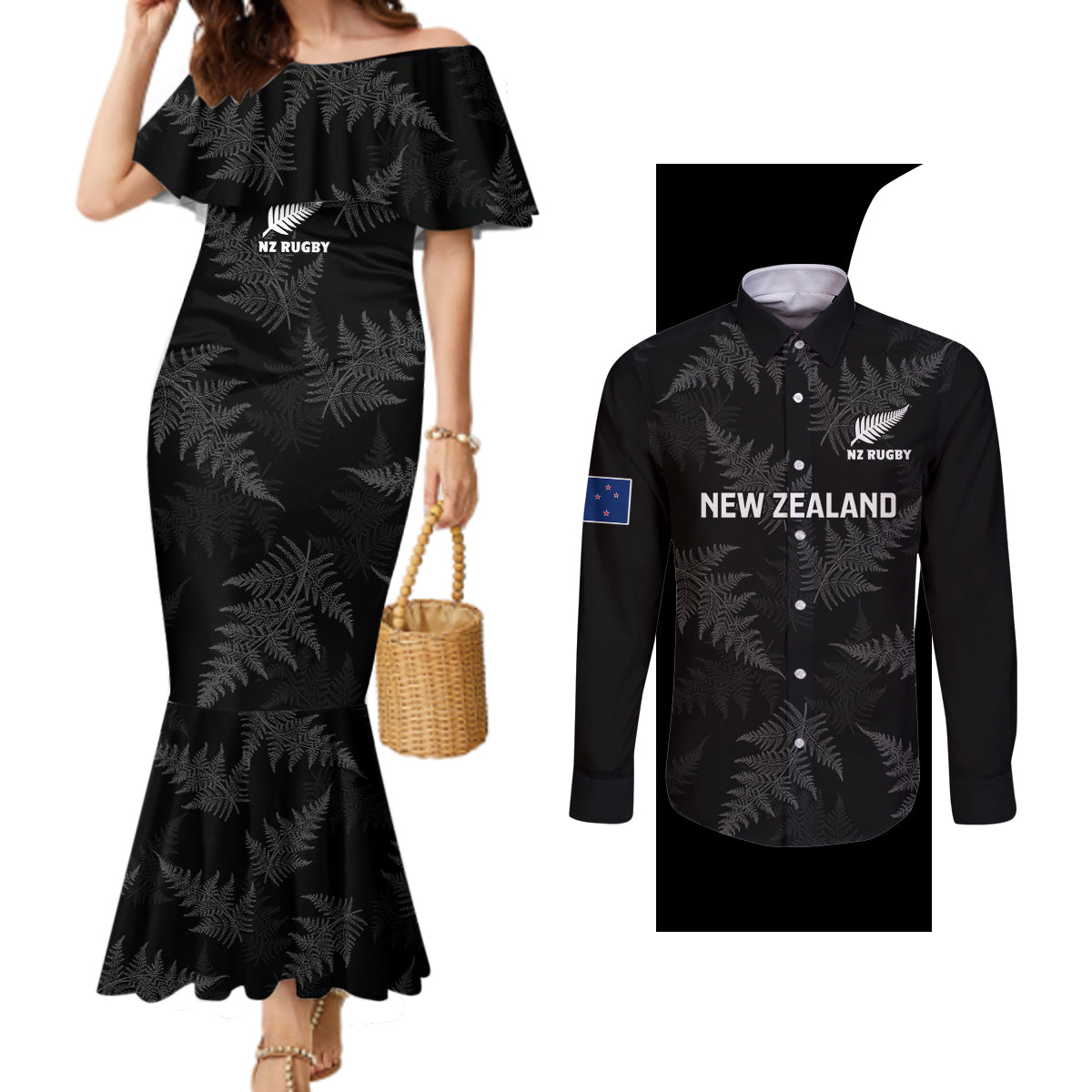 new-zealand-silver-fern-rugby-couples-matching-mermaid-dress-and-long-sleeve-button-shirts-2023-go-aotearoa-champions-world-cup