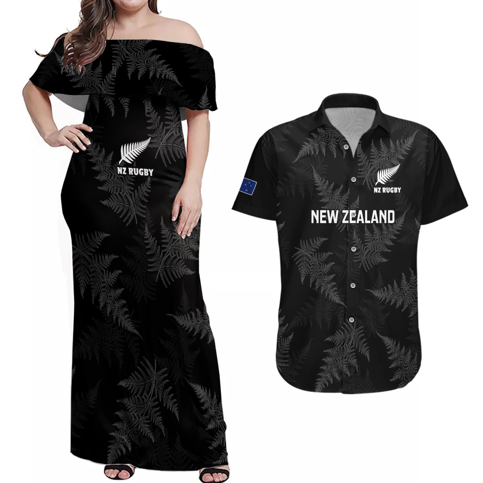 New Zealand Silver Fern Rugby Couples Matching Off Shoulder Maxi Dress and Hawaiian Shirt 2023 Go Aotearoa Champions World Cup - Wonder Print Shop