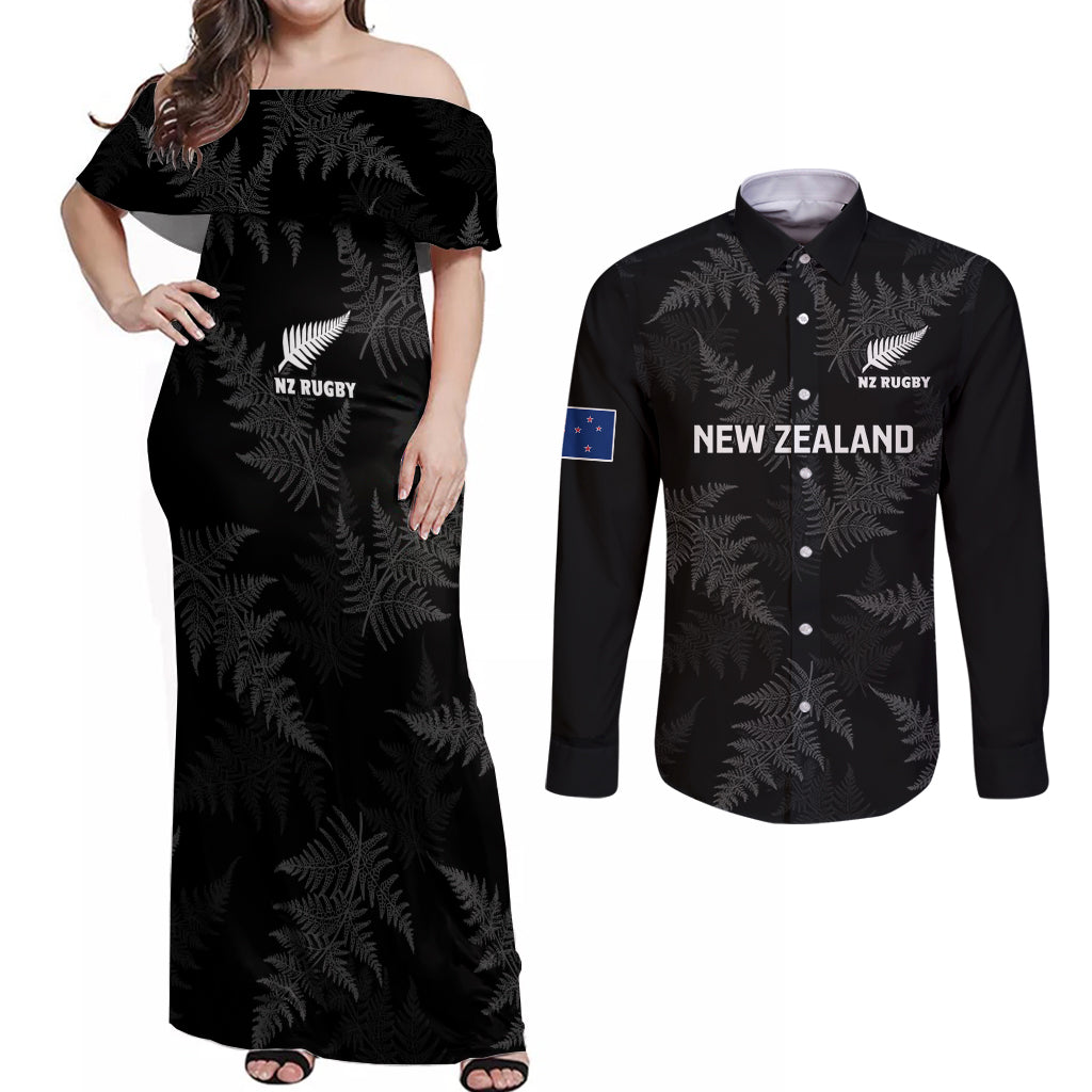 New Zealand Silver Fern Rugby Couples Matching Off Shoulder Maxi Dress and Long Sleeve Button Shirts 2023 Go Aotearoa Champions World Cup - Wonder Print Shop