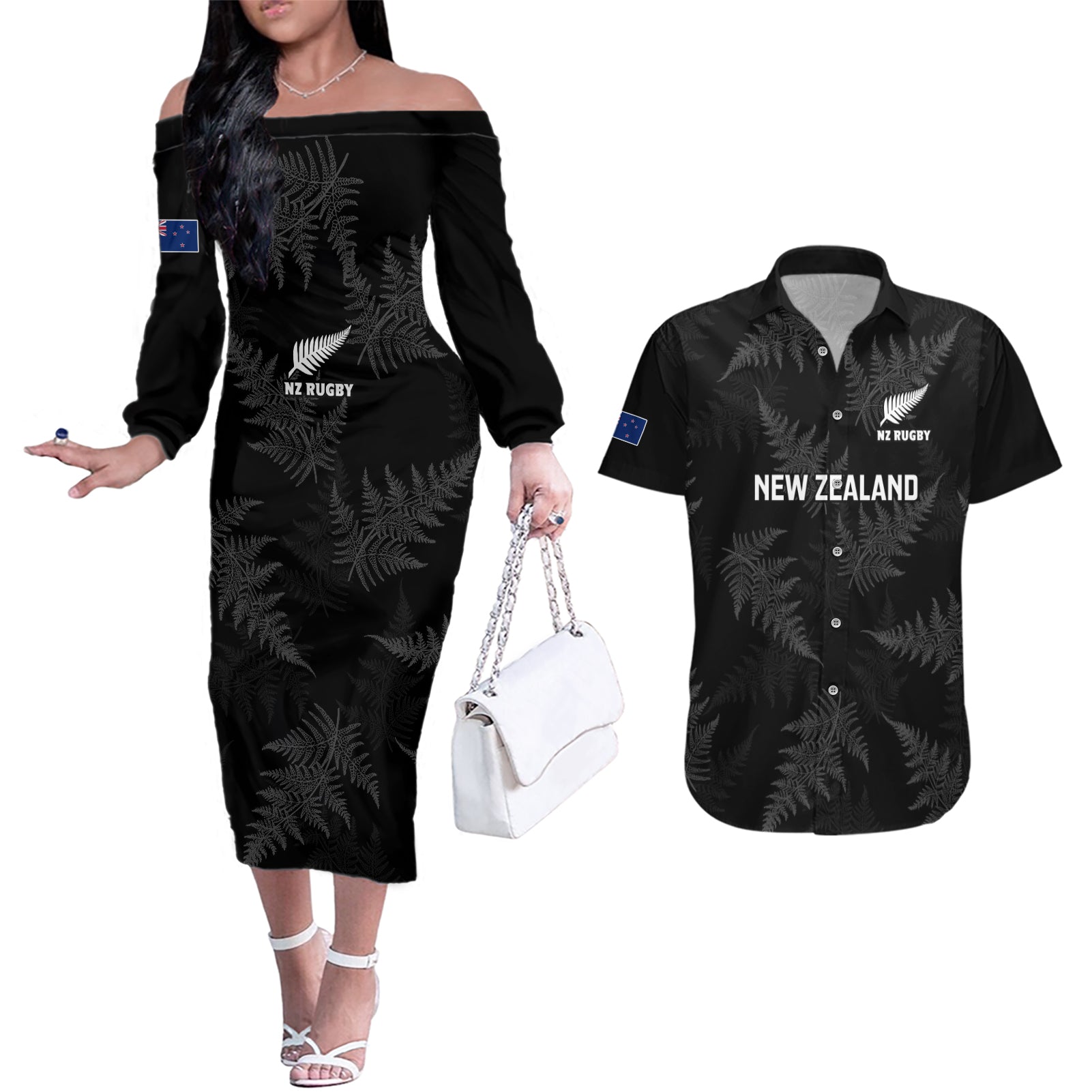 New Zealand Silver Fern Rugby Couples Matching Off The Shoulder Long Sleeve Dress and Hawaiian Shirt 2023 Go Aotearoa Champions World Cup - Wonder Print Shop