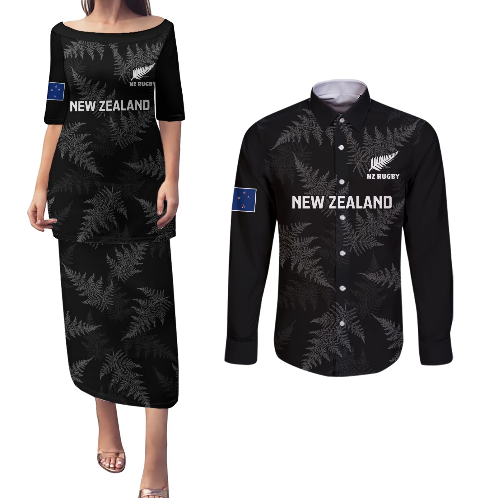 New Zealand Silver Fern Rugby Couples Matching Puletasi Dress and Long Sleeve Button Shirts 2023 Go Aotearoa Champions World Cup - Wonder Print Shop