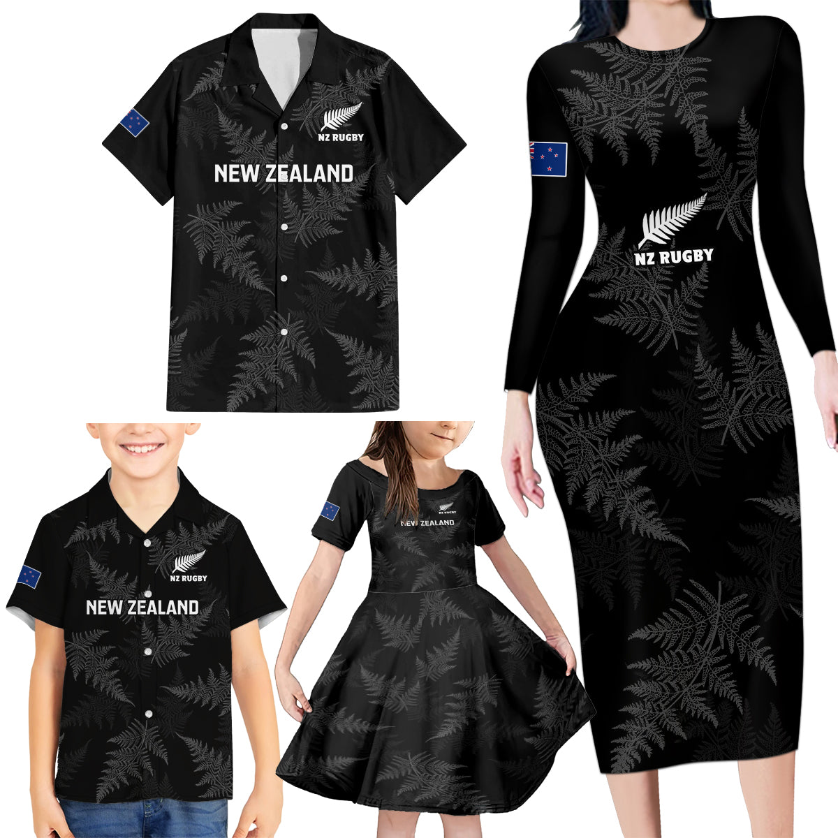 New Zealand Silver Fern Rugby Family Matching Long Sleeve Bodycon Dress and Hawaiian Shirt 2023 Go Aotearoa Champions World Cup - Wonder Print Shop