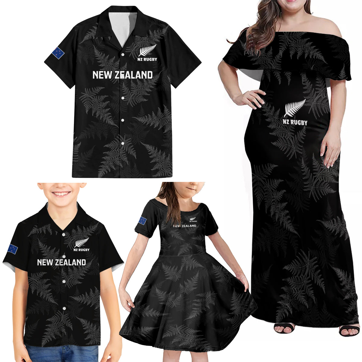 New Zealand Silver Fern Rugby Family Matching Off Shoulder Maxi Dress and Hawaiian Shirt 2023 Go Aotearoa Champions World Cup - Wonder Print Shop