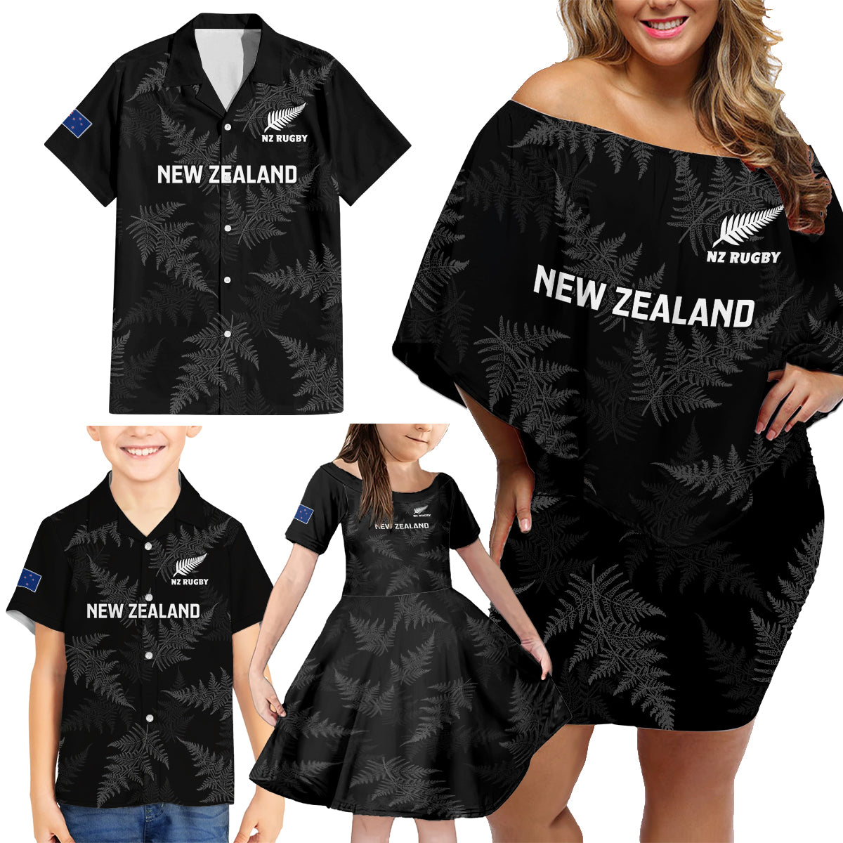 New Zealand Silver Fern Rugby Family Matching Off Shoulder Short Dress and Hawaiian Shirt 2023 Go Aotearoa Champions World Cup - Wonder Print Shop