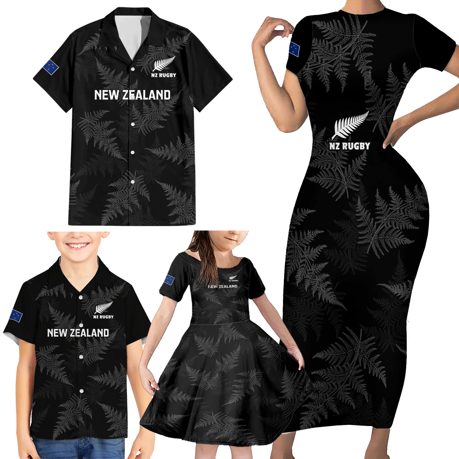 New Zealand Silver Fern Rugby Family Matching Short Sleeve Bodycon Dress and Hawaiian Shirt 2023 Go Aotearoa Champions World Cup - Wonder Print Shop