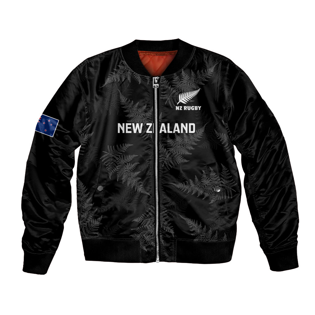 Black unisex rugby bomber jacket, front zip with NZ RUGBY logo and fern leaf pattern