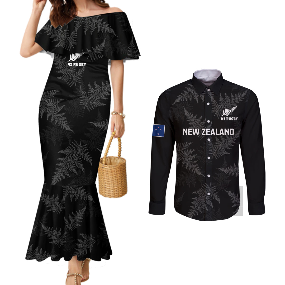 custom-new-zealand-silver-fern-rugby-couples-matching-mermaid-dress-and-long-sleeve-button-shirts-2023-go-aotearoa-champions-world-cup