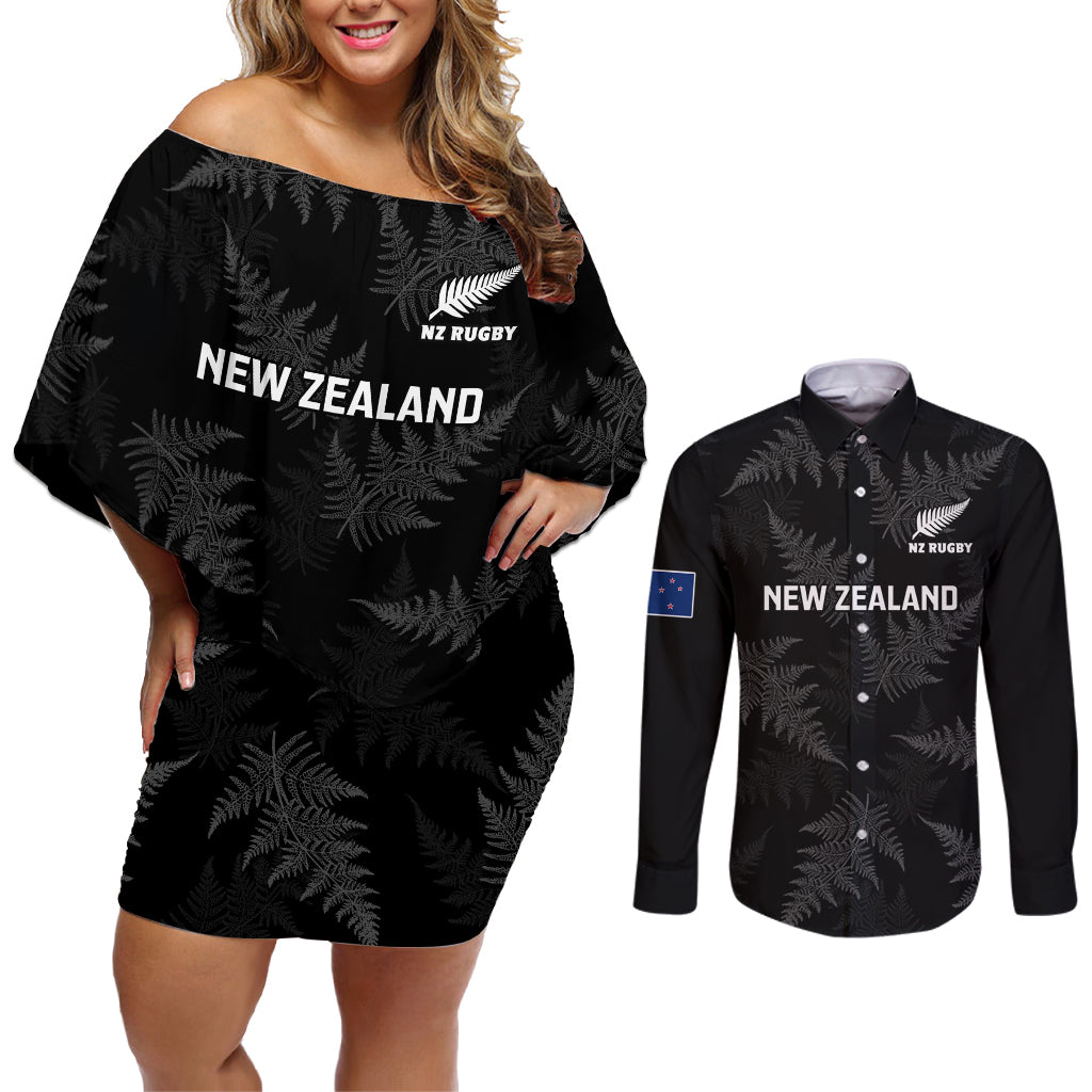 Custom New Zealand Silver Fern Rugby Couples Matching Off Shoulder Short Dress and Long Sleeve Button Shirts 2023 Go Aotearoa Champions World Cup - Wonder Print Shop