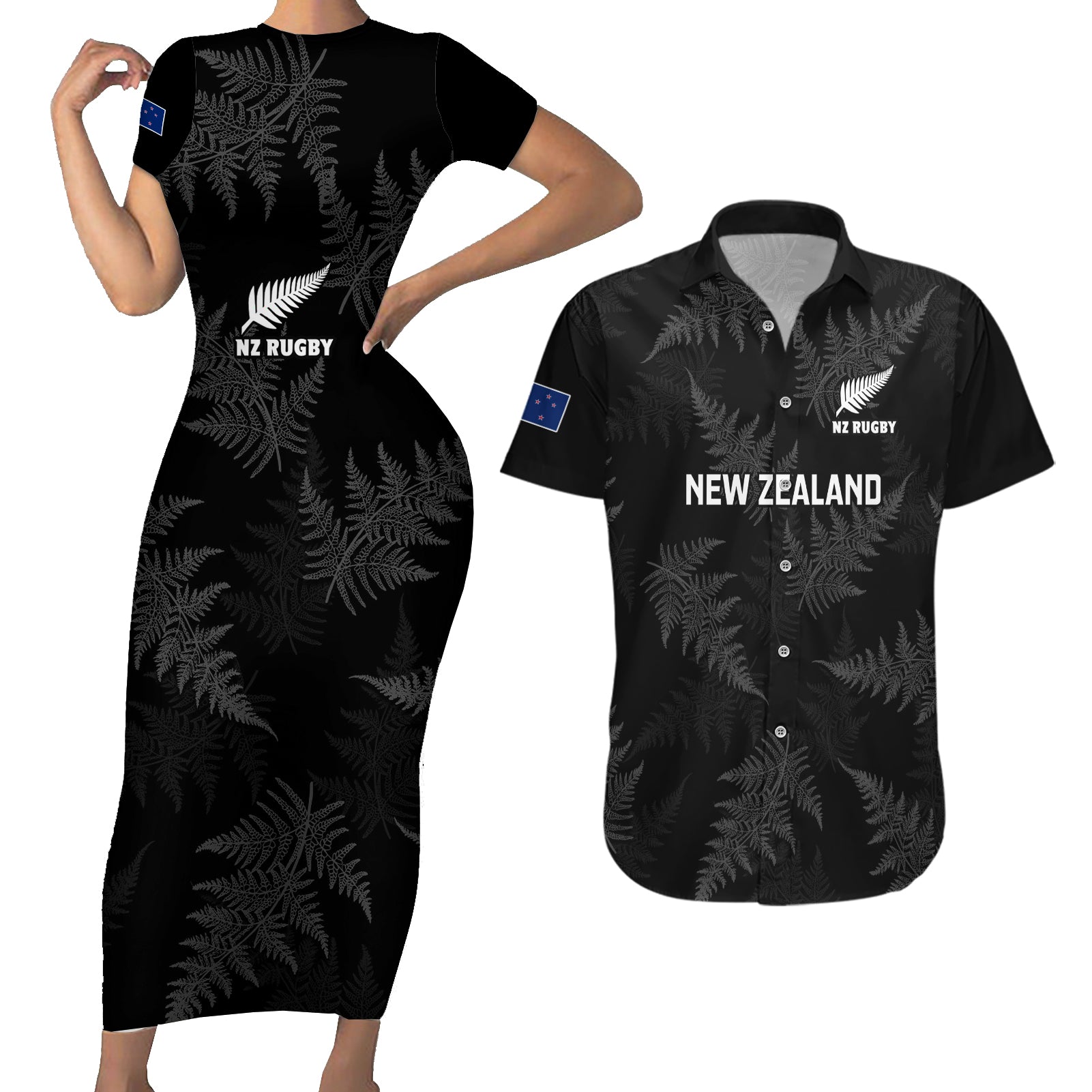 Custom New Zealand Silver Fern Rugby Couples Matching Short Sleeve Bodycon Dress and Hawaiian Shirt 2023 Go Aotearoa Champions World Cup - Wonder Print Shop