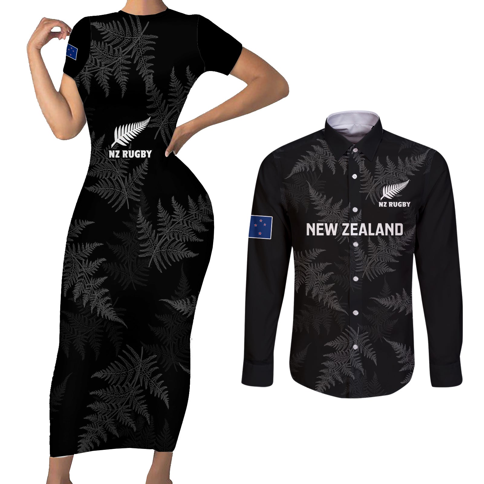 Custom New Zealand Silver Fern Rugby Couples Matching Short Sleeve Bodycon Dress and Long Sleeve Button Shirts 2023 Go Aotearoa Champions World Cup - Wonder Print Shop