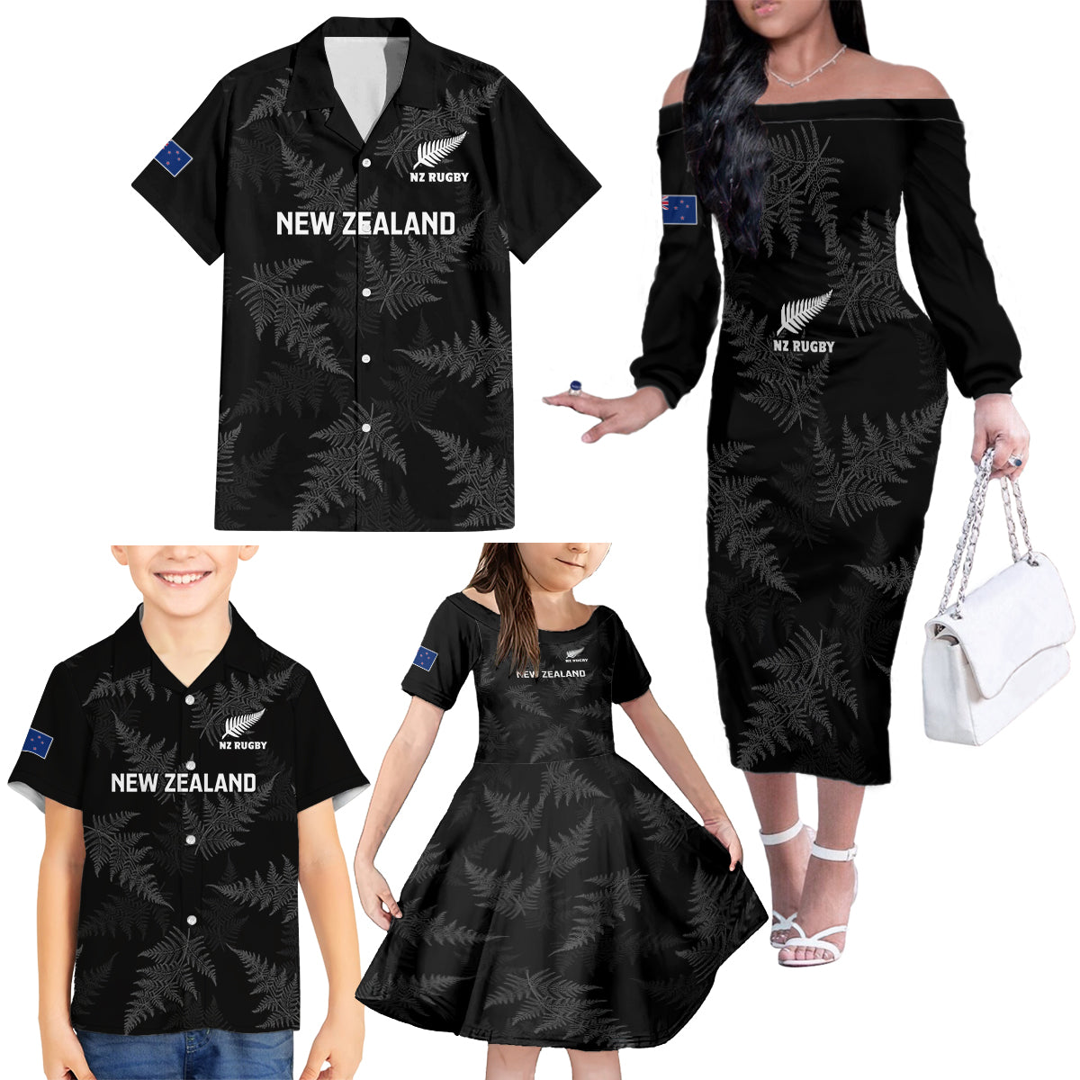 Custom New Zealand Silver Fern Rugby Family Matching Off Shoulder Long Sleeve Dress and Hawaiian Shirt 2023 Go Aotearoa Champions World Cup - Wonder Print Shop