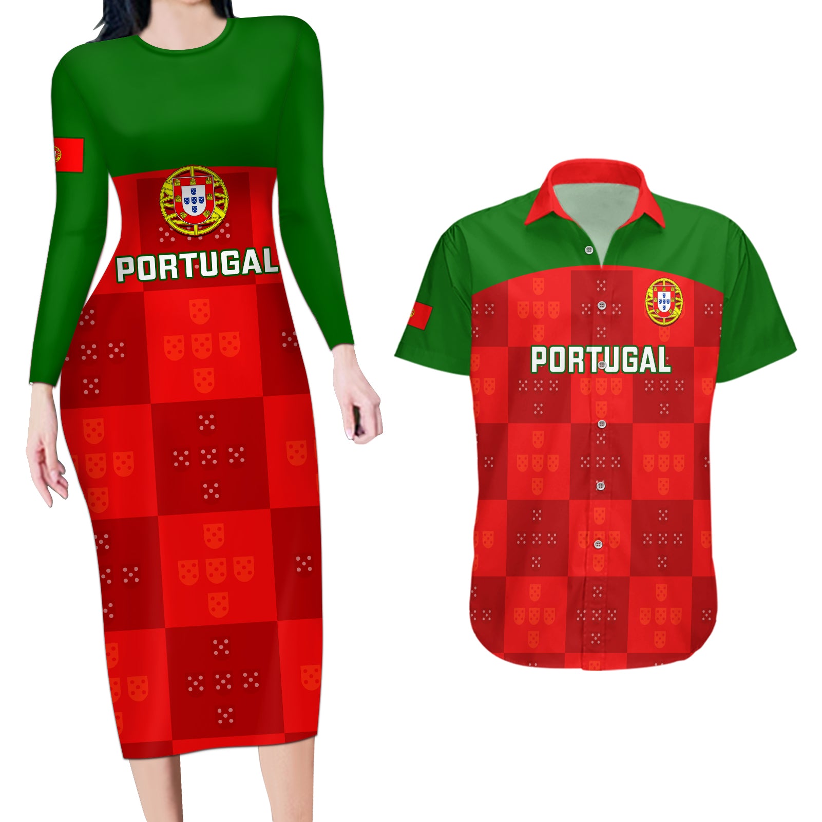 Portugal Rugby Couples Matching Long Sleeve Bodycon Dress and Hawaiian Shirt Go Wolves Mix Coat Of Arms - Wonder Print Shop