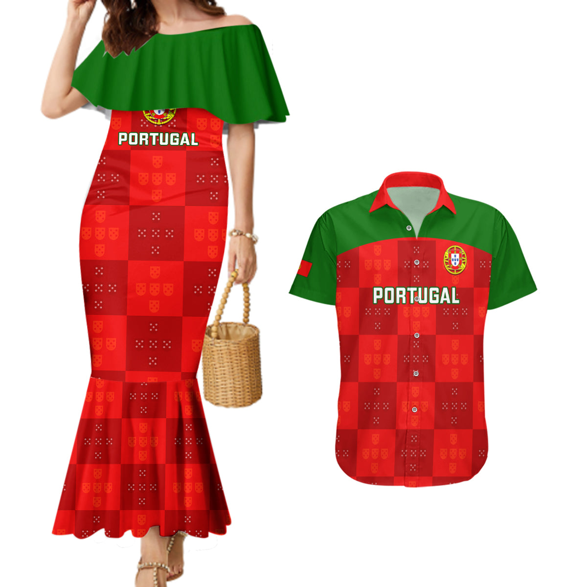 Portugal Rugby Couples Matching Mermaid Dress and Hawaiian Shirt Go Wolves Mix Coat Of Arms - Wonder Print Shop